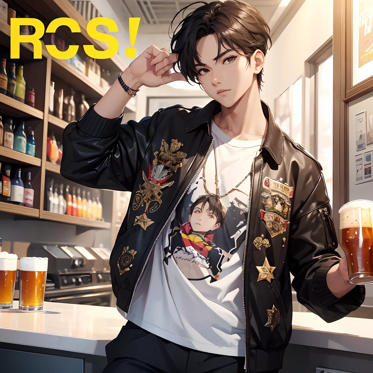 masterpiece, top quality, intricate detail, magazine front page, featuring a male idol with beer, Magazine's Title with rainbow color font, a young handsome boy with short pants, T shirt, tall muscle, ((abs)), Kpop idol, looking at camera, grab a glass of tasty beer, beautiful face, white background, fashion model, Kpop boy's group member, fashionable damage short pants, (solo)