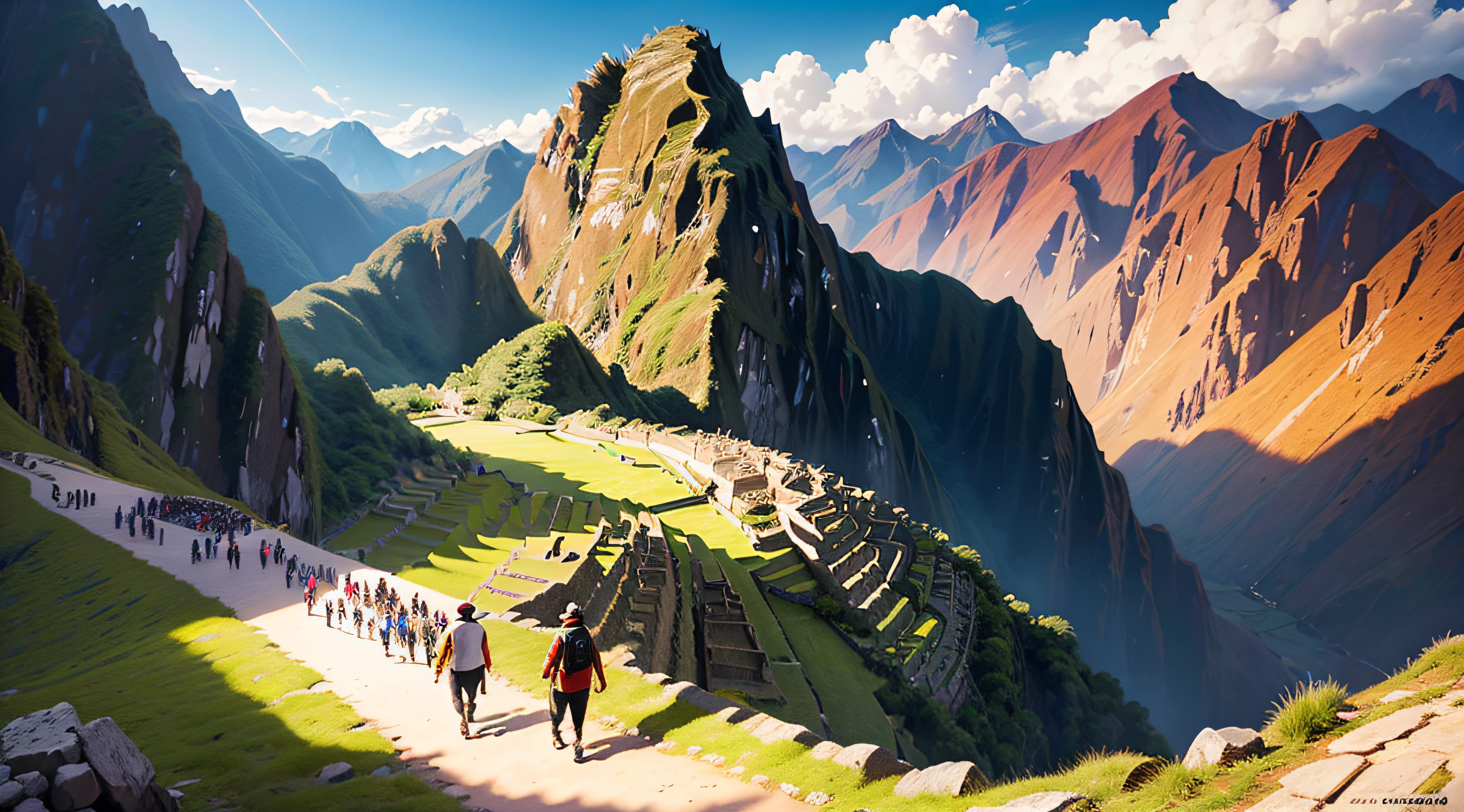 (best qualtiy,ultra - detailed,Most Best Illustration,Best shadow,tmasterpiece,A high resolution,professionalartwork,famousartwork)INCA WORLG gold Machu Pichu Peru gold walking in Machu Pichu
