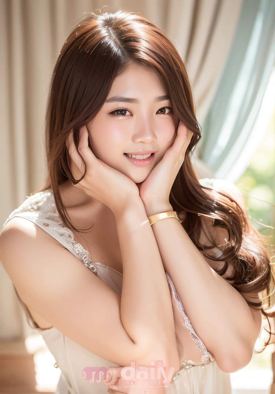 Macro realism, Chinese woman, 18 years old, long brown hair, detailed light brown eyes, small and rounded nose, thin lips, delicate hands, delicate feet, painted nails, defined body, full body, 8k UHD, ultra-realistic, vibrant colors, photography, cinematic