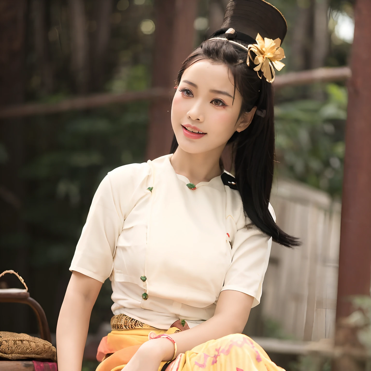 there is a woman sitting on a bench with a hat on, sukhothai costume, in style of thawan duchanee, nivanh chanthara, in style of lam manh, anime thai girl, a young asian woman, traditional beauty, portrait of modern darna, wearing traditional garb, patiphan sottiwilaiphong