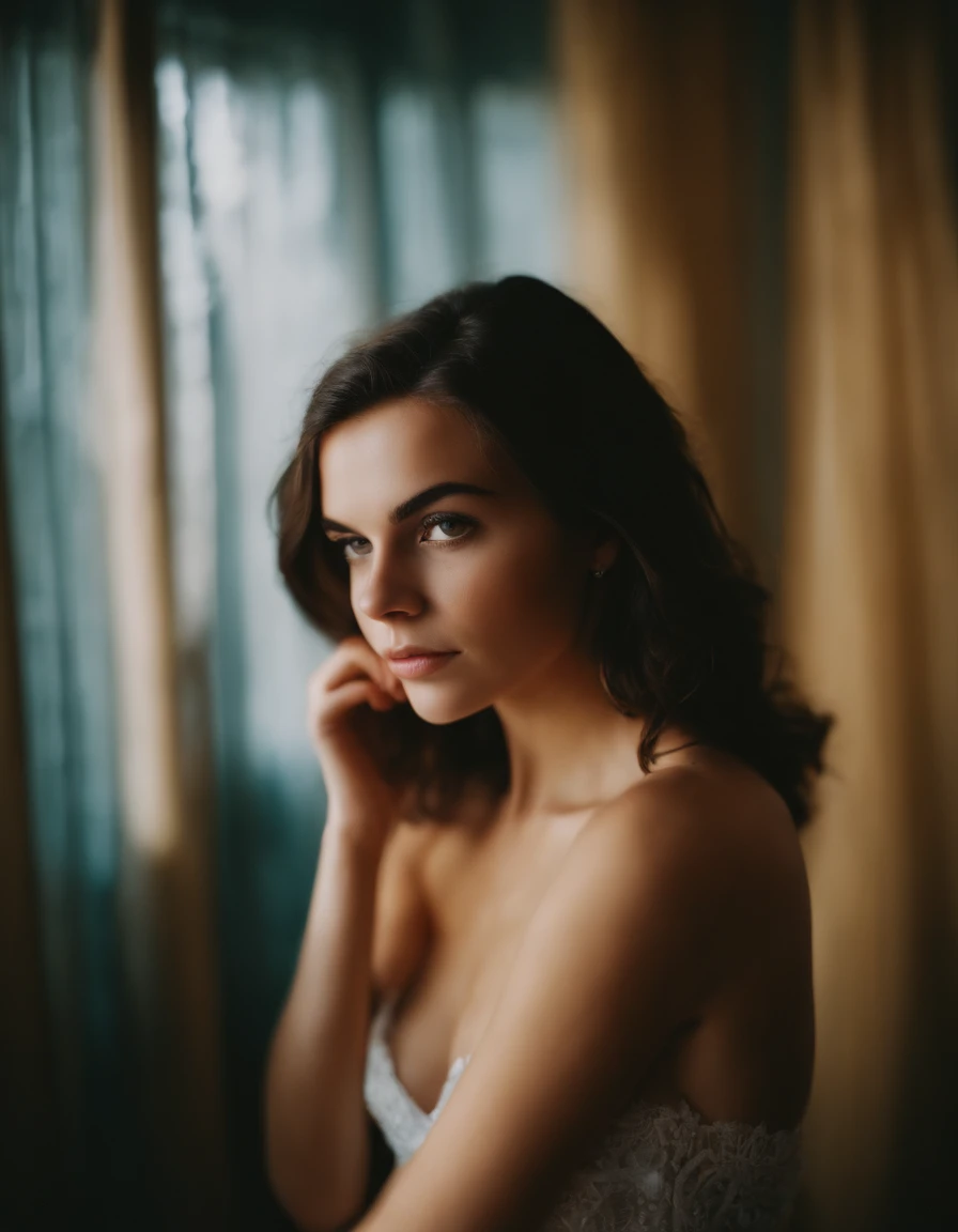 Kodak disposable camera photo of a beautiful young 19yo female, brunette, slim, posing naked, topless, medium breast, ass, pussy