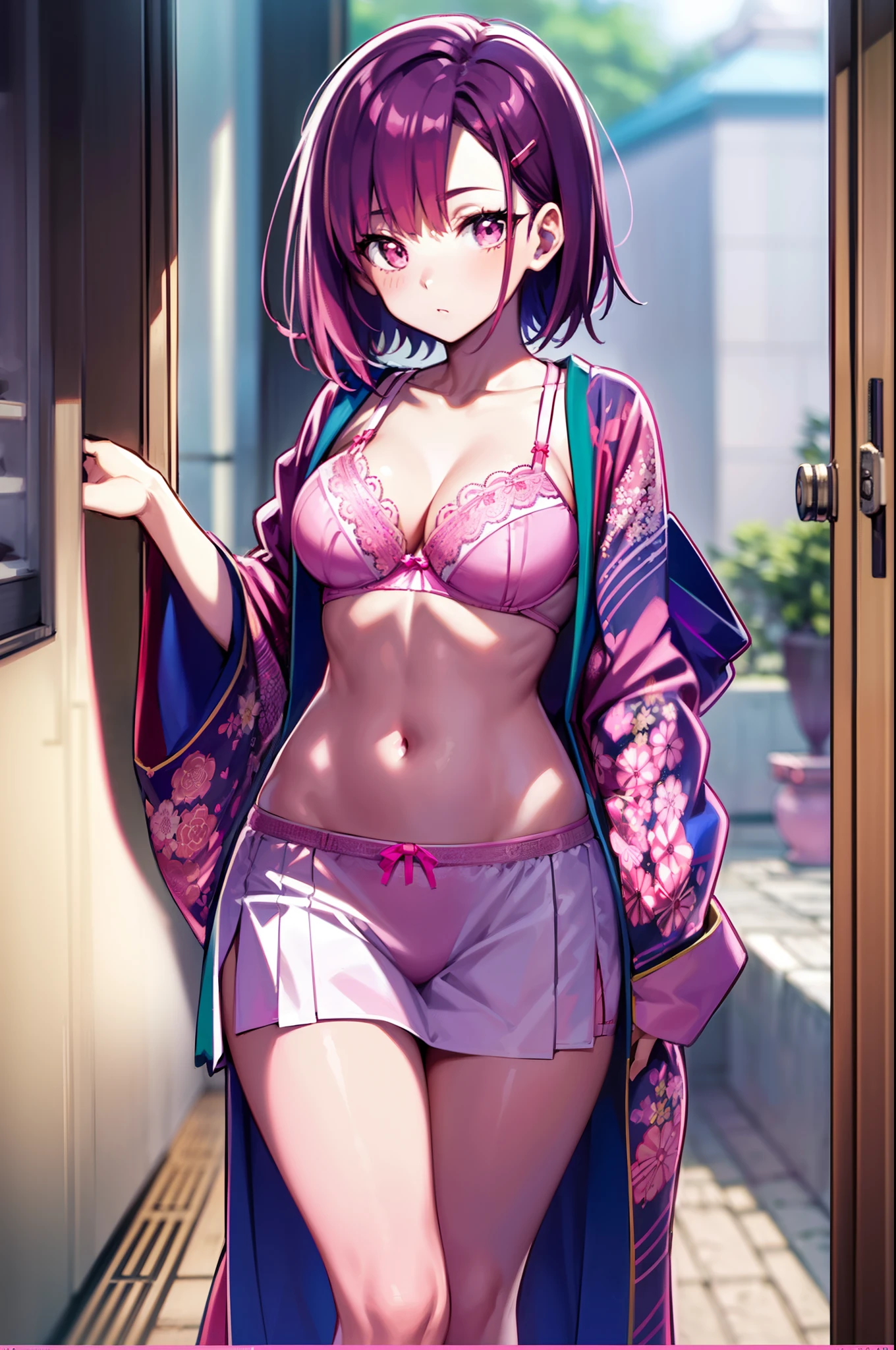 (((kimono))), (((PINK Underwear))), (((Slender figure))), Red hairpin, Light purple hair, Medium Hair, The highest image quality, hightquality, high detailing, 超A high resolution, 8K, depth of fields, Cinematography, intricate detailes, Elaborate, meticulous, Magnificent, Maximum Detail, Extreme beauty