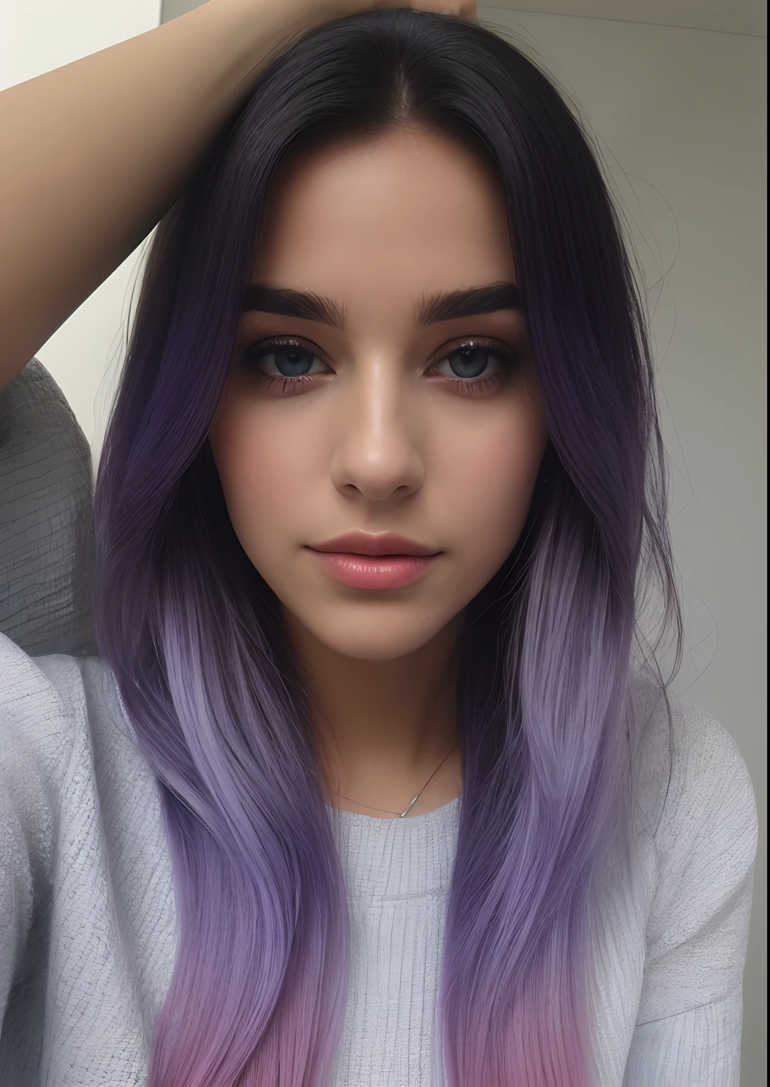 taken with iphone camera BREAK selfie medium shot of a beautiful young woman BREAK (ombre: 1.3) Blue and Lilac BREAK Grain Film, medium quality