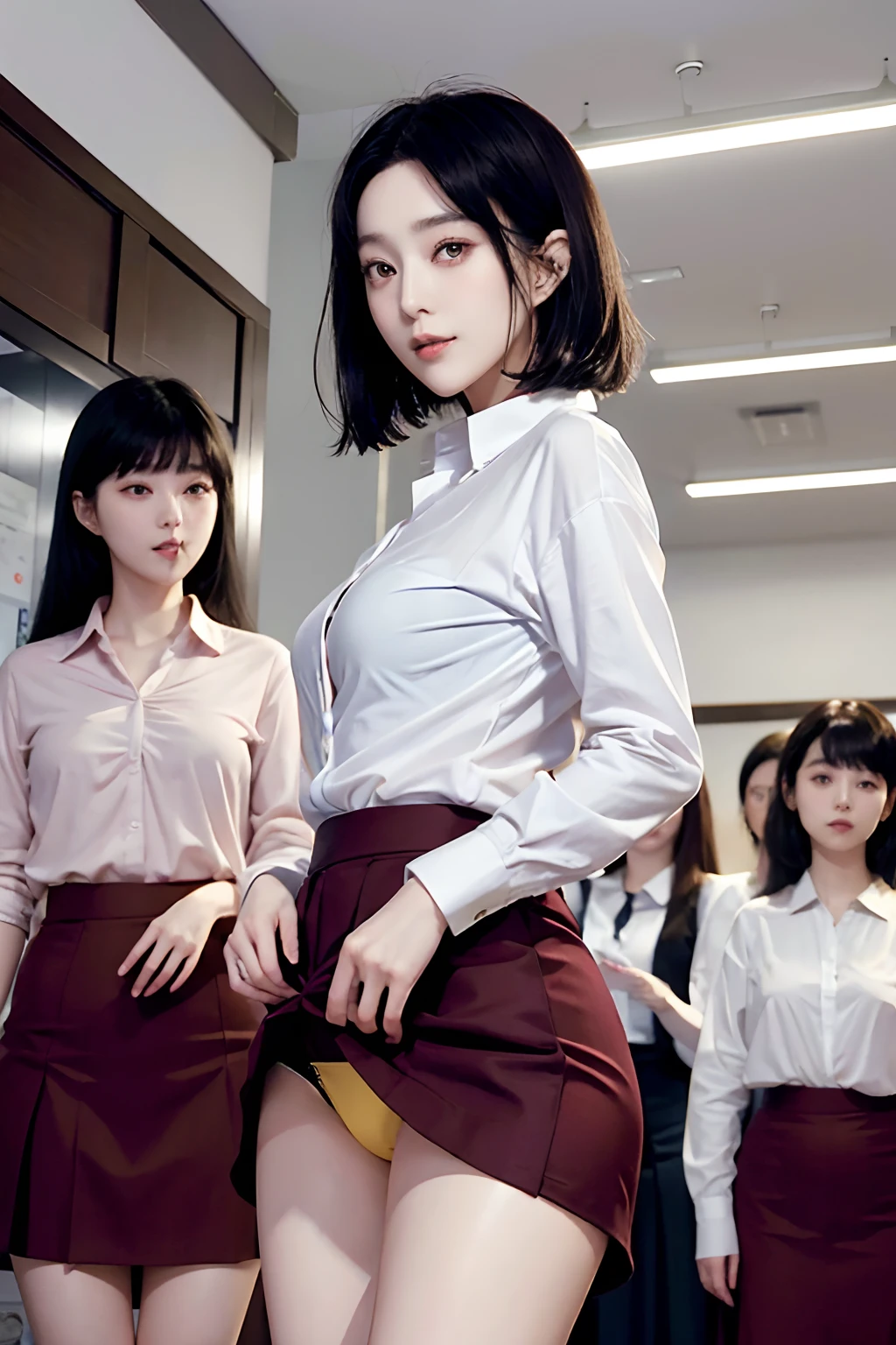 masutepiece, Best Quality, bob cuts、Five girls in the classroom,(5 people standing:1.2),Standing,20s, Looking at Viewer,l Group shot, harems,nffsw,Underwear,(pantiy),Realistic,Female Teacher Figure,(Maroon Tight Skirt),(Looking back, ass grab:0.9),(Beautiful eyes:1.3),frombelow,From below,Kinney,(skinny:1.2) ,thick-eyed thighs, Long body, novel illustration,(Smelly eyes:0.5),closed curtains,(shirts lift,lifted by self:1.5) ,Dark Persona.Skirt lift front,(Panties:1.3),
