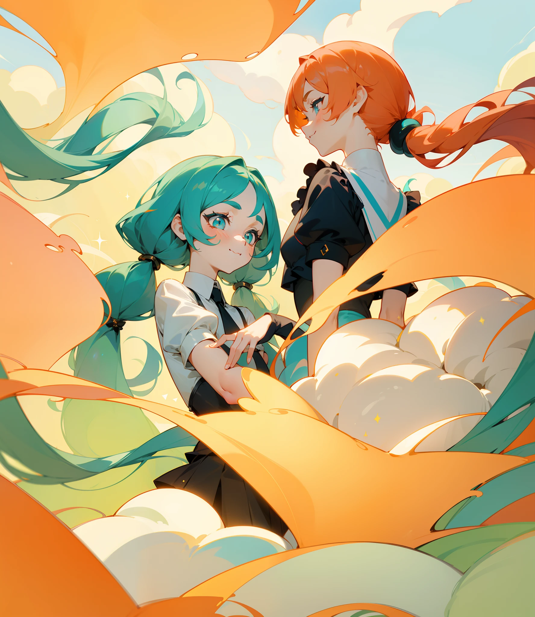 anime land of the lustrous, still from tv anime, ((colourful, As detailed as possible, tmasterpiece)), Two anime friends standing side by side against a shining sky, Erotic, yuri, Dominates, Two friends, Girls, 2 d anime style, flat anime style, in anime style, the anime, anime stylized, glass hair, Glowing Hair, portraite of a, Black Uniform, Strict costume, black necktie, white shirt, puffy short sleeves, Shorts, Smile, puffy short sleeves, Puffy armbands, Shirt, short sleeve, sparkle, Lush eyelashes, (The first girl with a high shoulder-length ponytail and a calm face), beatiful face, multi-colored hair, Hair gradient, hair color: Blue, (without bangs), curly curl on the cheek, Hairstyle: high ponytail, long tail, peach-colored eyes, :3, Short eyebrows,, (The second girl with two long green pigtails and a happy face), wide eyes, turquoise hair, Turquoise textured hair, (turquoise two pigtails), light background, natural light, vivid picture, Additional lighting, cloudy skies, Clouds, Multi-colored space, Beautiful sky