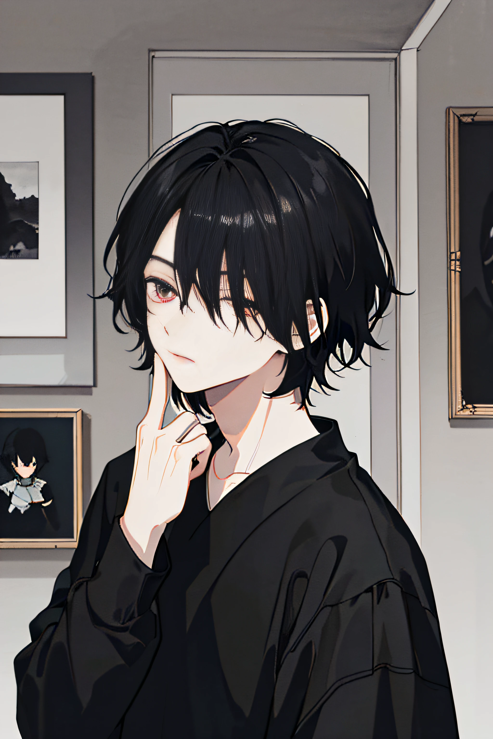 (Dark melancholy painting style+Room background),(There is only one male character:Around )、(黑The eye)、(Black hair+covering eyes)、(short detailed hair)、(The upper part of the body)