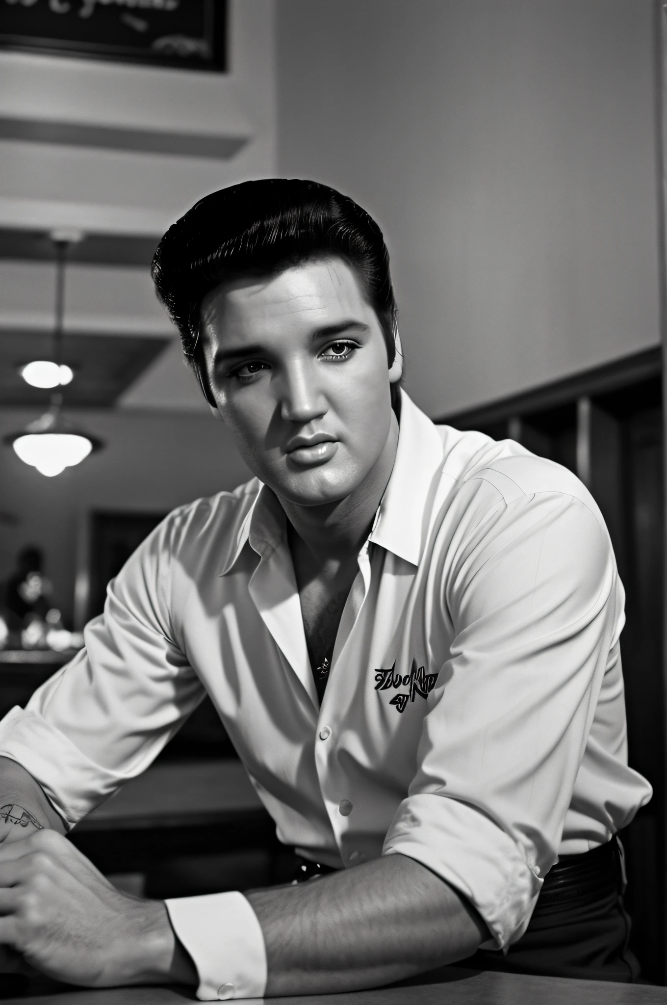 Close photo of Elvis Presley man, in classic restaurant, vintage style, 60s, blue shirt,