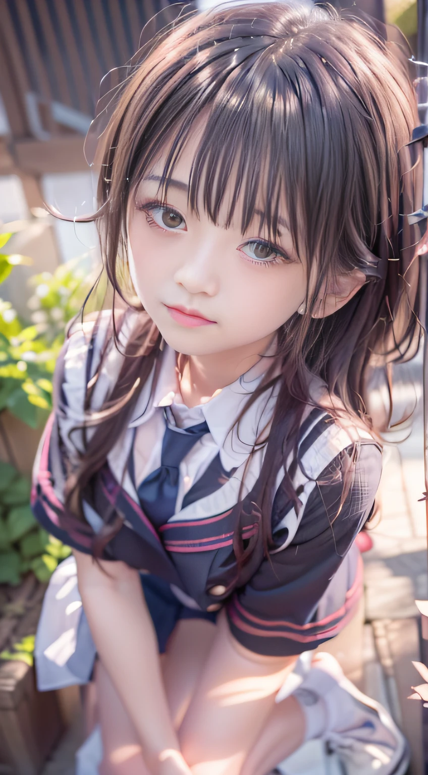 Sister type girls，Portable Wallpapers,Super beautiful photo，Little sister waiting to be picked up at the school gate，Red Eyes:1.6，FULL ANATOMY,Woman like a goddess，Highly detailed background，Realistic，hyperdetailed face，super detailed skin，Detailed beautiful face and eyes，retinas, masutepiece, ccurate, Anatomically correct,Tsurime, Textured skin, Super Detail, high details, High quality, awardwinning, Best Quality, hight resolution, 8K,ultimate beauty girl,loose coat collar sailor uniform, thin head,magical school student uniform, japanese girl school uniform,((small tits:1.7,Thin leg,skinny thigh:1.4)),slim figure,extremely detailed eye and face、beatiful detailed eyes,Tsurime,,The brilliance of details、((smooth hair，detailed hairs，Very fine hairs))，(Knee-length skirt:1.7),1girl in,Thin leg,Beautiful legs,独奏,Wearing underwear,Smaller face,realistic facial expression,(Face to feel:1.6),Enchanted,Shyness,Longing for love,((Cool color makeup，Lowered eyebrows、Whitening effect，thin and thin eyebrows，((Ephemeral Girl，A look tinged with joy))，Very soft lighting，Eight-headed body，light glow，Expro II，Lens Flare，Sharpen，cinematic shadow,Changing the time zone when shooting.Kantai Collection Style，Junior Idol