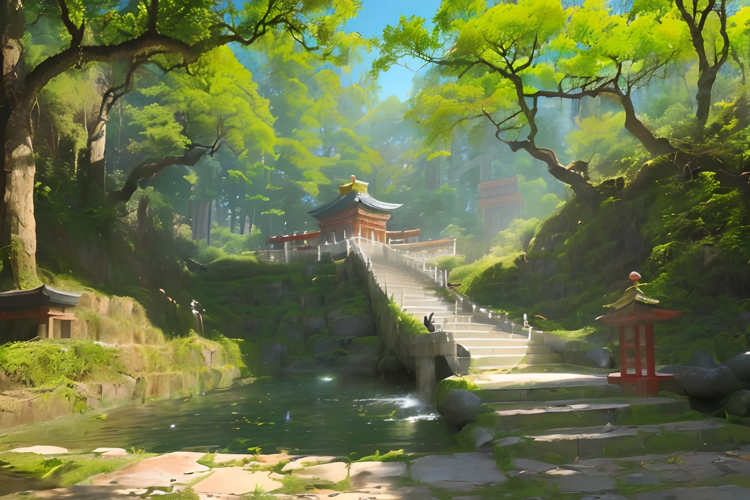 Un templo chino abandonado en el bosque para practicar Tai Chi con una cascada, linternas chinas y una plataforma de combate (((Arquitectura china))) ((horizontal)) ((Daylight)) (((Etapa de lucha))) ((Alto detalle)) (((Etapa del juego de lucha))) ((Tai Chi)) (((Escenario Street Fighter))) ((chinese temple)) (((Tai chi dojo)) ((Waterfall)) ((Fighting arena)) ((stage of martial arts))