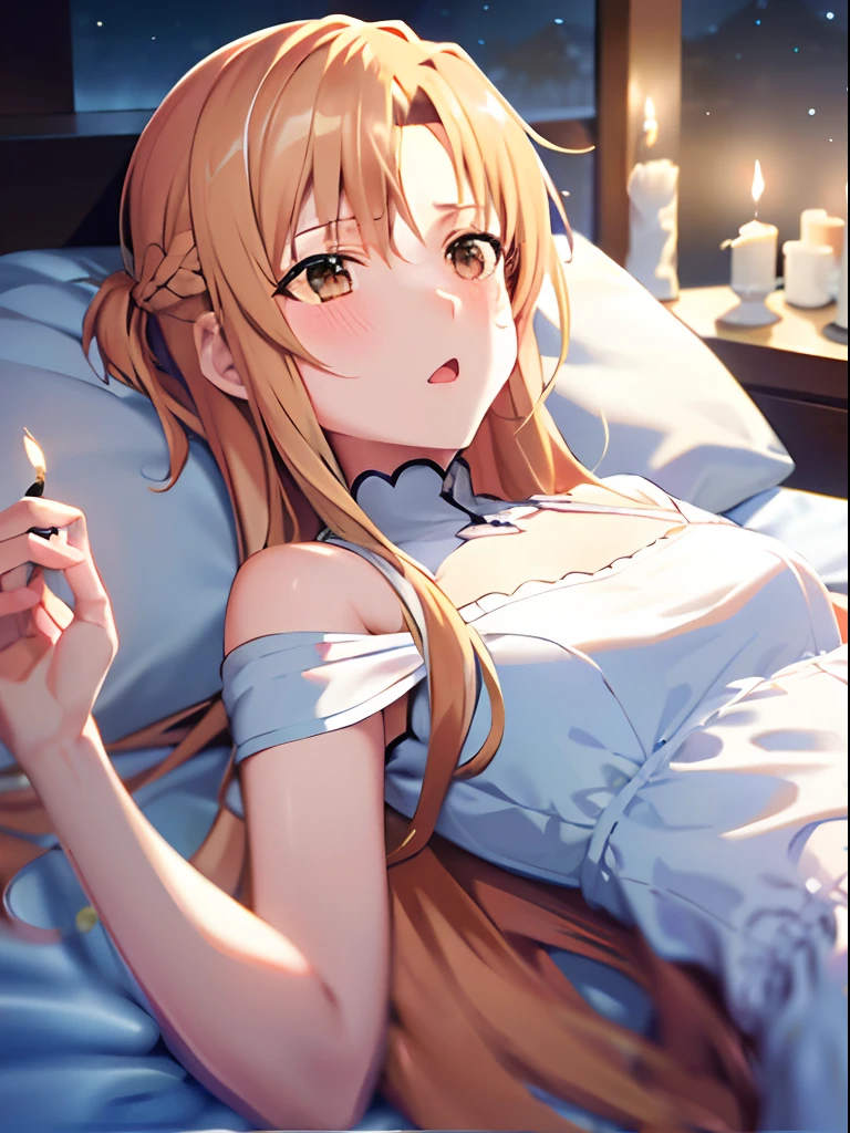 (Best quality, 8k, ultra high res, absurdes:1.2), (Yuuki Asuna from Sword Art Online), ( long beautiful hair, honey eyes, Adult, mature, blush, shy, cute ), ( laying in bed, on back, facing front, sleepy, yawn, wearing white dress, candle lights, cozy lights, night )