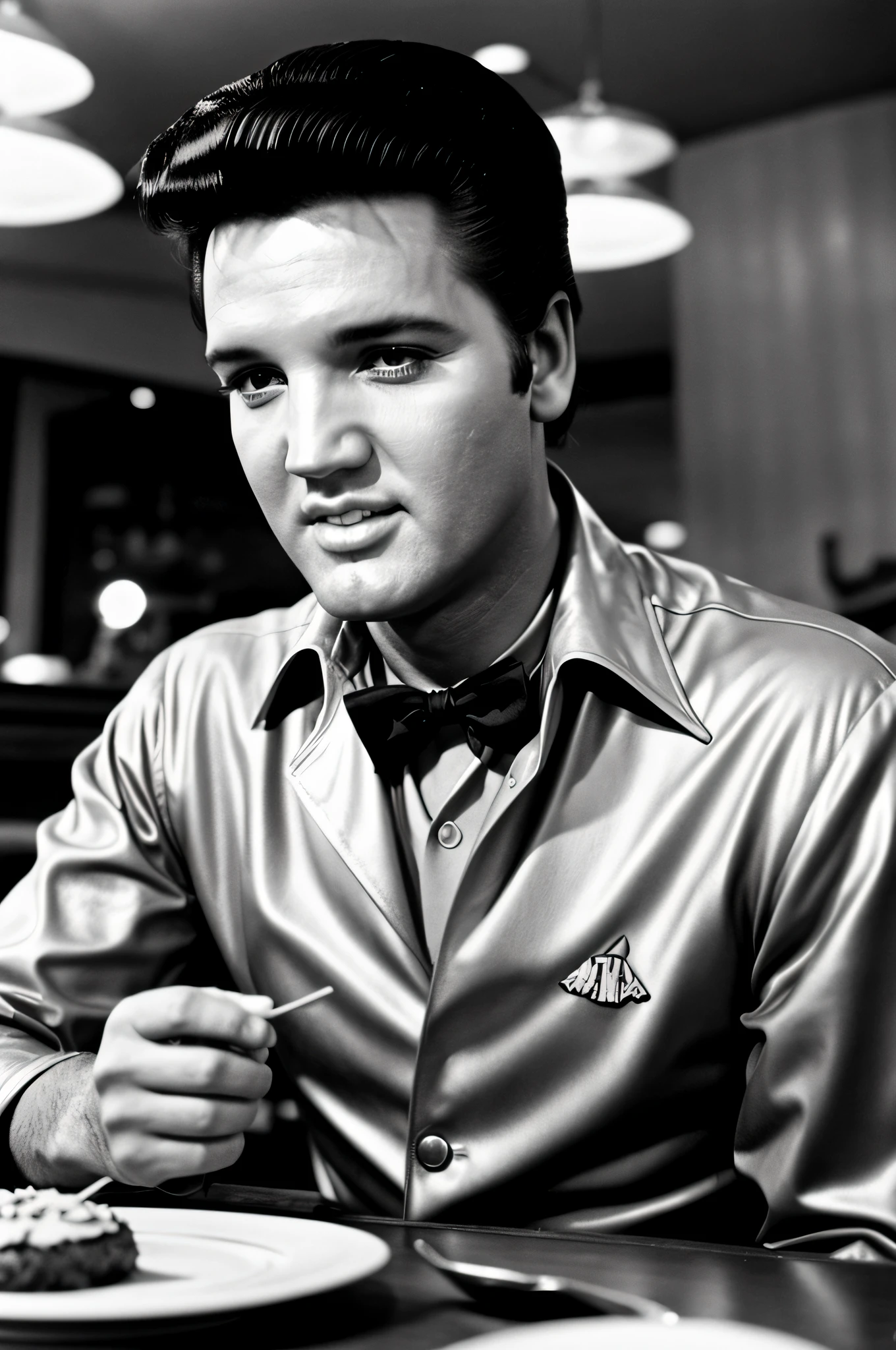 Close photo of Elvis Presley man, in classic restaurant, vintage style, 60s, black and white photo,