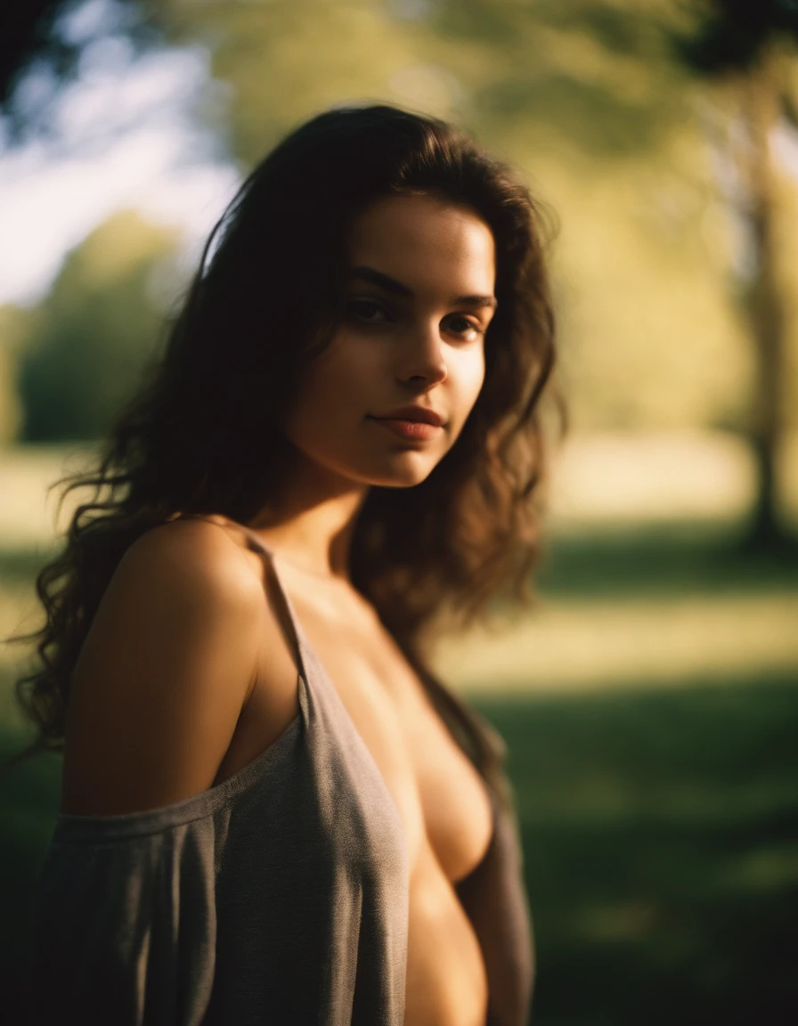 Kodak disposable camera photo of a beautiful young 19yo female, brunette, slim, posing naked, topless, medium breast, ass, pussy