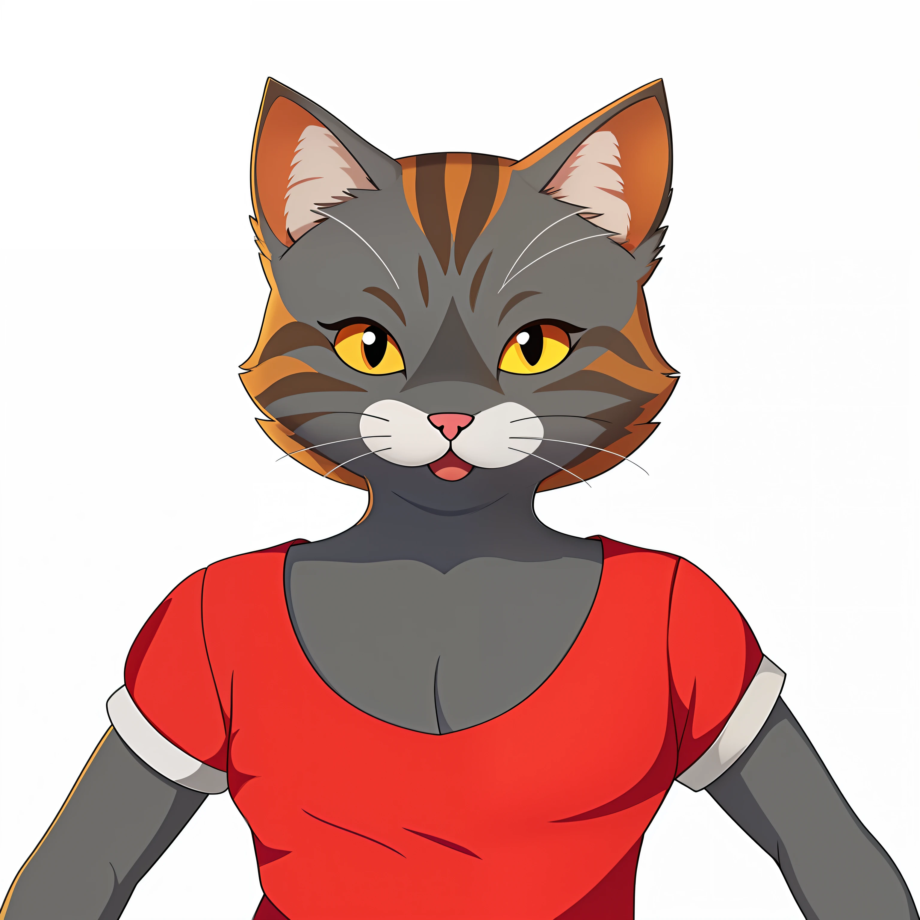 There is a cat with a shirt and a shirt, anthropomorphic female cat, Avatar da parte superior do corpo, Woman / cat hybrid, the cat is orange, human cat hybrid, menina gato atraente, sem linha, gatinha, um gato antro, Avatar do jogo 2D do corpo superior, anthropomorphic cat, Gato Anime, gatinha jovem bonita