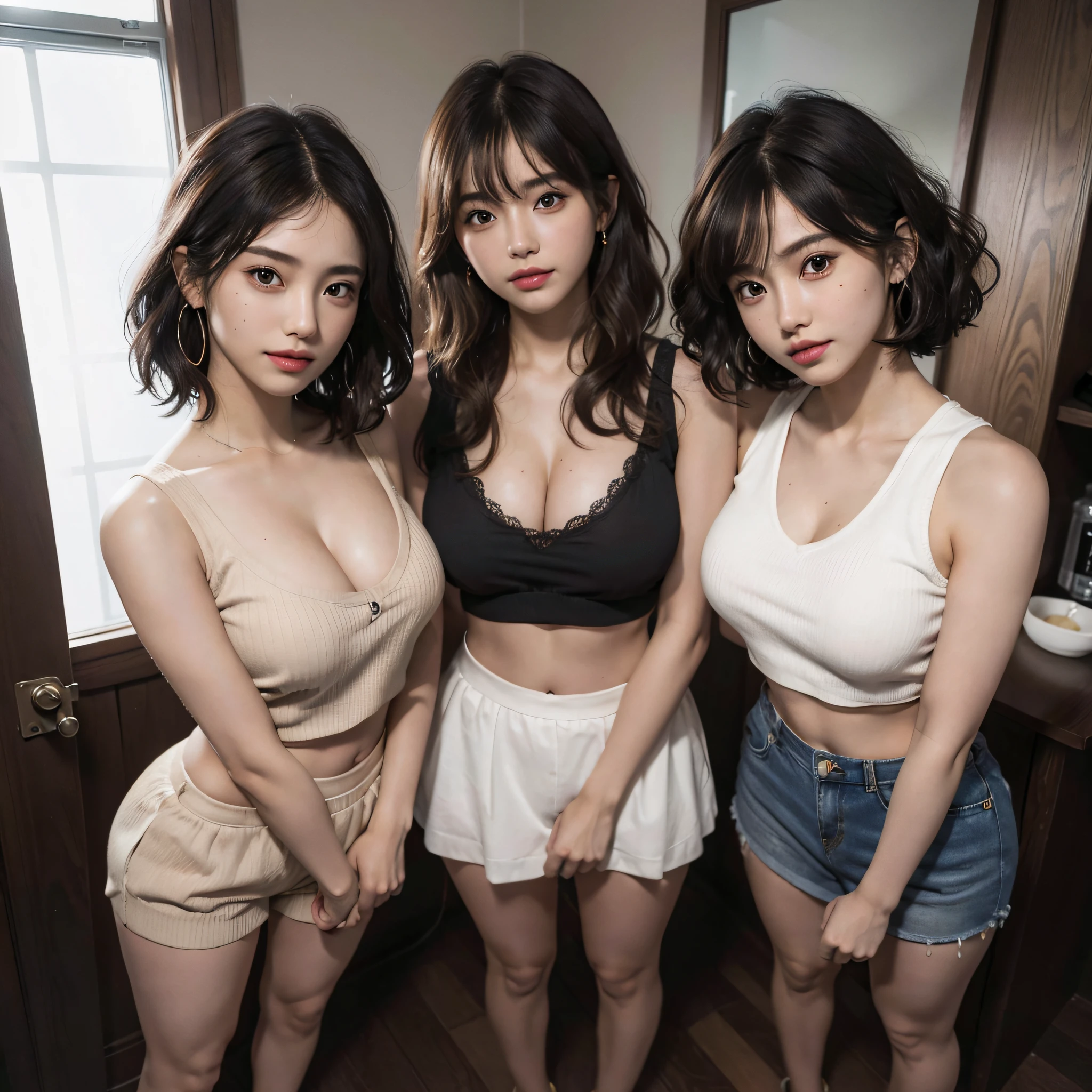 absurdres, RAW photo, extremely delicate and beautiful, masterpiece, Best Quality, ultra high resolution, 16k, hyperrealistic, ultra-detailed, Very detailed CG 8k wallpaper, Beautiful Lighting, Perfect Lightning, Realistic Shadows, perfect anatomy, super Detailed skin, perfect figure, Japanese woman, late 20s, very Slim body, narrow waist, very small head, handsome detailed woman, very detailed eyes and face, realistic face proportions, Stunning detailed eyes, Realistic beautiful face, very small face, Realistic small beautiful eyes, double eyelids, makeup, tearful mole, mole on chest, earring, bare legs, beautiful and very thin legs, beautiful and very thin thighs, (((very huge round breasts))), (((((full body shot))))), (((((short hair))))), (((wavy hair))), (((gyaru))), (((midriff peek))), (((sleeveless))), (((((2 girls))))), (crowd),