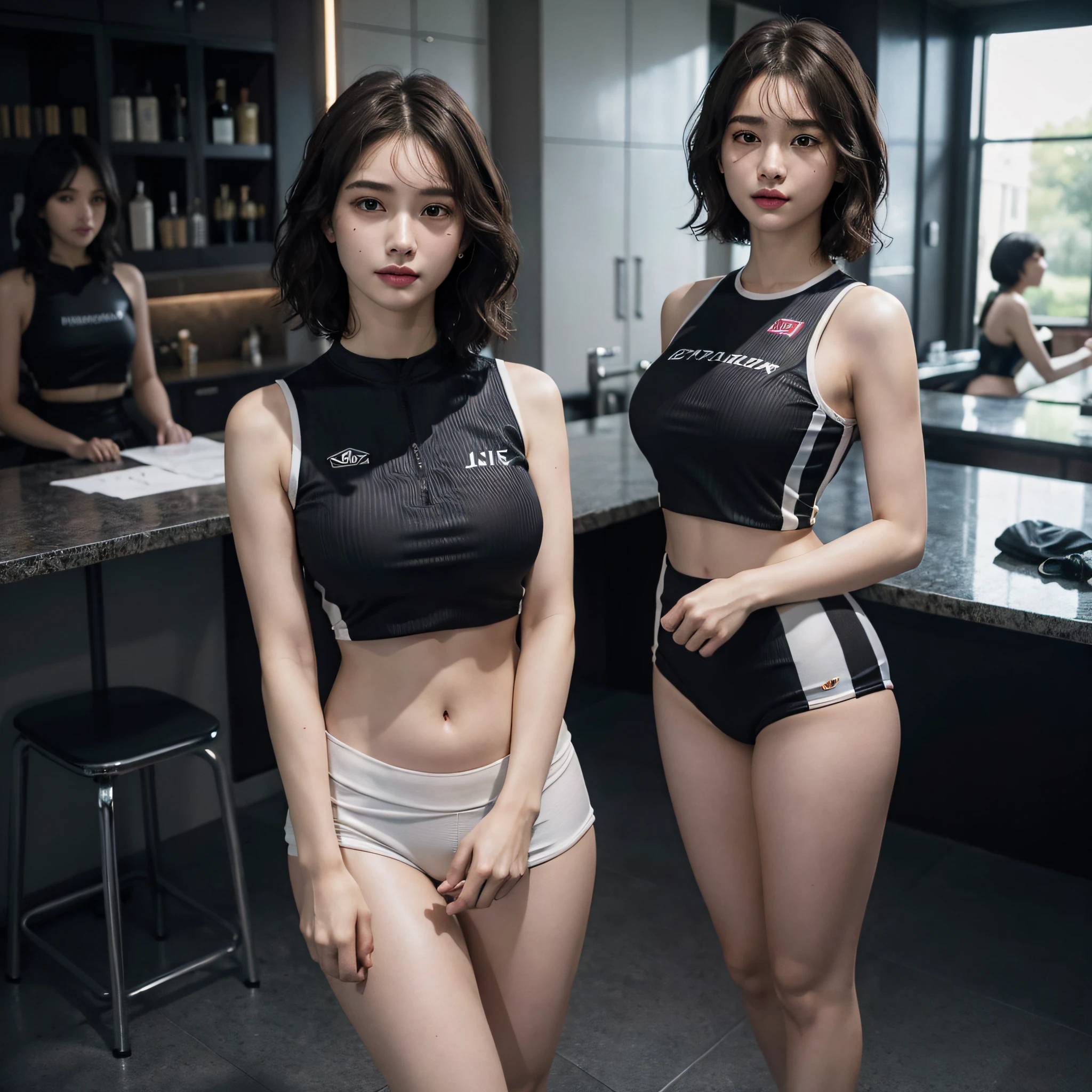 absurdres, RAW photo, extremely delicate and beautiful, masterpiece, Best Quality, ultra high resolution, 16k, hyperrealistic, ultra-detailed, Very detailed CG 8k wallpaper, Beautiful Lighting, Perfect Lightning, Realistic Shadows, perfect anatomy, super Detailed skin, perfect figure, Japanese woman, late 20s, very Slim body, narrow waist, very small head, handsome detailed woman, very detailed eyes and face, realistic face proportions, Stunning detailed eyes, Realistic beautiful face, very small face, Realistic small beautiful eyes, double eyelids, makeup, tearful mole, mole on chest, earring, bare legs, beautiful and very thin legs, beautiful and very thin thighs, (((very huge round breasts))), (((((full body shot))))), (((((short hair))))), (((wavy hair))), (((racing suit))), (((midriff peek))), (((sleeveless))), (((((2 girls))))), (crowd),