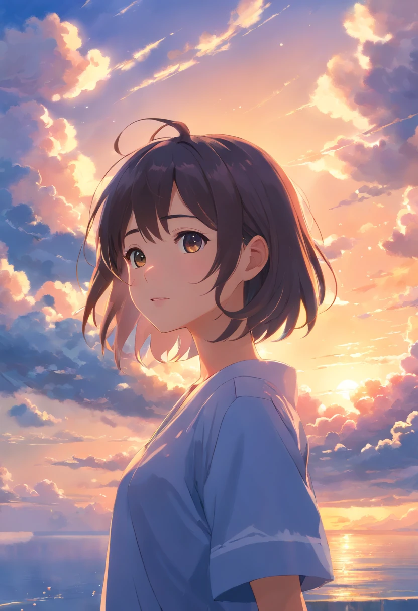 (best quality,highres,masterpiece:1.2),illustration,oil painting,1girl,girl clouds,floating in the sky,close-up,bright,happy,soft and warm lighting,sunset, HDR,ultra-fine painting,sharp focus,vivid colors,bokeh