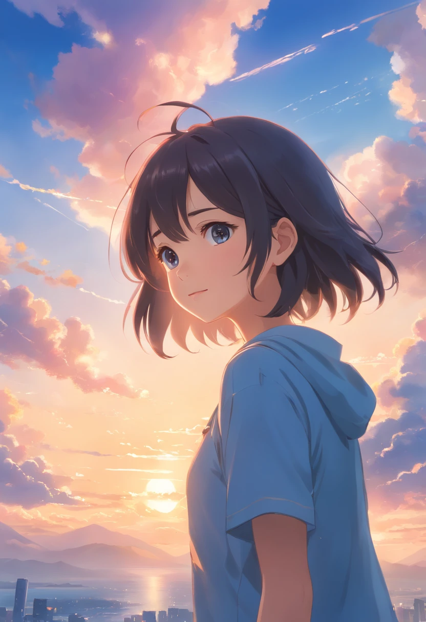 (best quality,highres,masterpiece:1.2),illustration,oil painting,1girl,girl clouds,floating in the sky,close-up,bright,happy,soft and warm lighting,sunset, HDR,ultra-fine painting,sharp focus,vivid colors,bokeh