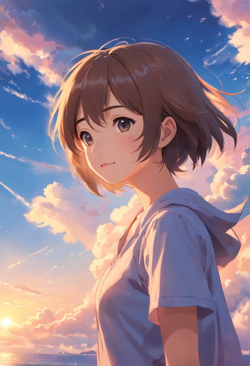 (best quality,highres,masterpiece:1.2),illustration,oil painting,1girl,girl clouds,floating in the sky,close-up,bright,happy,soft and warm lighting,sunset, HDR,ultra-fine painting,sharp focus,vivid colors,bokeh