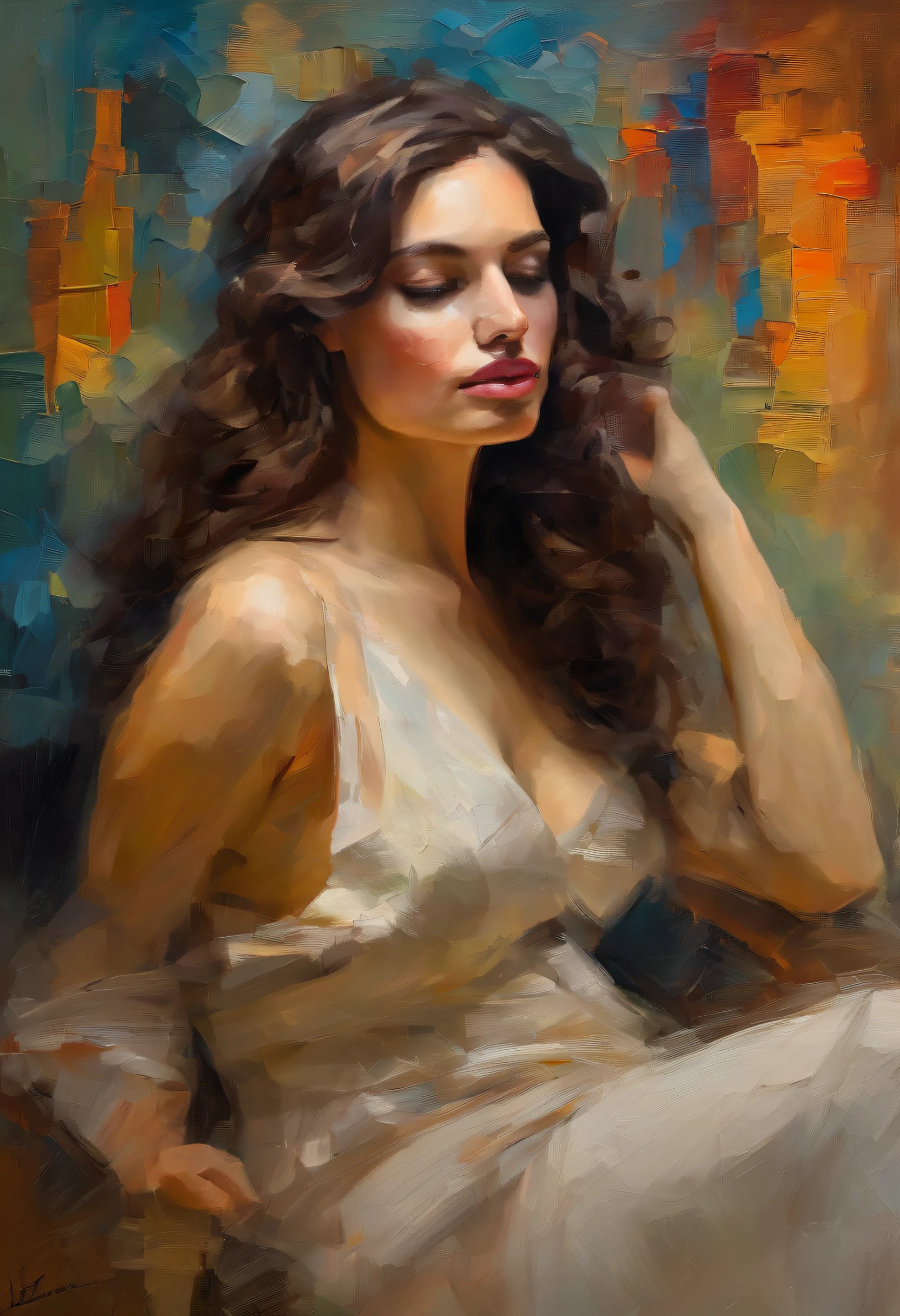 A painting of a woman with her eyes closed, ((golden ratio}} laying on the sofa after a long night on the town, a sensual painting, a Beautiful expressive painting, Wadim Kashin. Ultra photo realism, Louise Ross, digital painting art, Perceptual digital painting, Stylish digital painting, Bonito painting, glossy digital painting, beautiful digital painting, digital art painting, Fine paintings, ((Rod acrylic paint)).