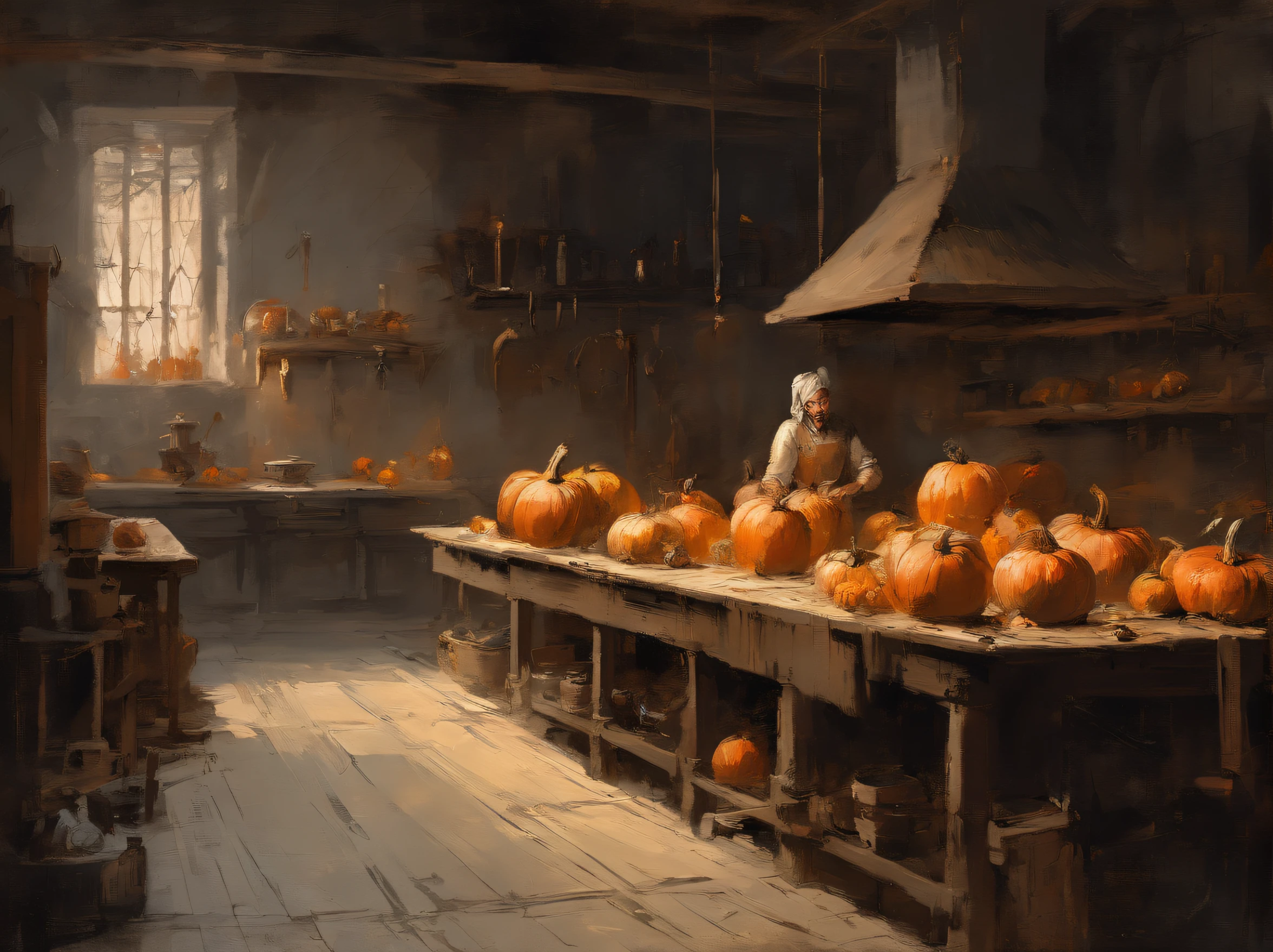 oil painting, heavy brushstrokes, paint drips, A scene of a kitchen with staff preparing pumkins, Baroque, dramatic contrasts between light and dark, emotional intensity, tenebrism, soft edges, oil on canvas, romanticism, baroque, realism, chiaroscuro, Dutch Golden Age, impasto, by Rembrandt van Rijn, by Rembrandt, rich, deep colors, layered image shaded by cells, golden ratio, award winning, professional, highly detailed, intricate, volumetric lighting, gorgeous, masterpiece, sharp focus, depth of field, perfect composition, award winner, artstation, acrylic painting, pixiv fanbox trends, palette knife and brush strokes, 16k hi-res, uhd