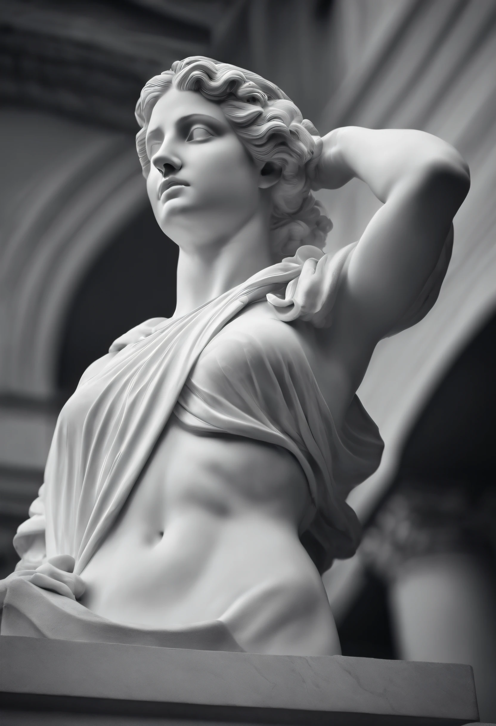 el busto de Atenea con un cuervo posado, Classical Greek goddess, white marble, en blanco y negro 4K,Cara lateral, Super realistic photo wallpaper 1920x1080
