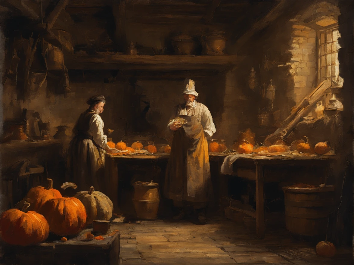 oil painting, heavy brushstrokes, paint drips, A scene of a kitchen with staff preparing pumkins, Baroque, dramatic contrasts between light and dark, emotional intensity, tenebrism, soft edges, oil on canvas, romanticism, baroque, realism, chiaroscuro, Dutch Golden Age, impasto, by Rembrandt van Rijn, by Rembrandt, rich, deep colors, layered image shaded by cells, golden ratio, award winning, professional, highly detailed, intricate, volumetric lighting, gorgeous, masterpiece, sharp focus, depth of field, perfect composition, award winner, artstation, acrylic painting, pixiv fanbox trends, palette knife and brush strokes, 16k hi-res, uhd