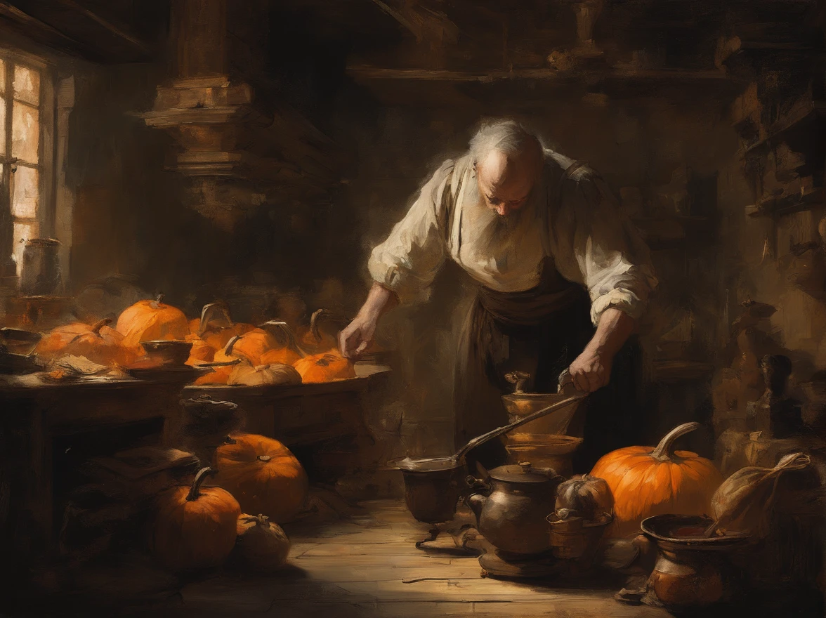 oil painting, heavy brushstrokes, paint drips, A scene of a kitchen with staff preparing pumkins, Baroque, dramatic contrasts between light and dark, emotional intensity, tenebrism, soft edges, oil on canvas, romanticism, baroque, realism, chiaroscuro, Dutch Golden Age, impasto, by Rembrandt van Rijn, by Rembrandt, rich, deep colors, layered image shaded by cells, golden ratio, award winning, professional, highly detailed, intricate, volumetric lighting, gorgeous, masterpiece, sharp focus, depth of field, perfect composition, award winner, artstation, acrylic painting, pixiv fanbox trends, palette knife and brush strokes, 16k hi-res, uhd