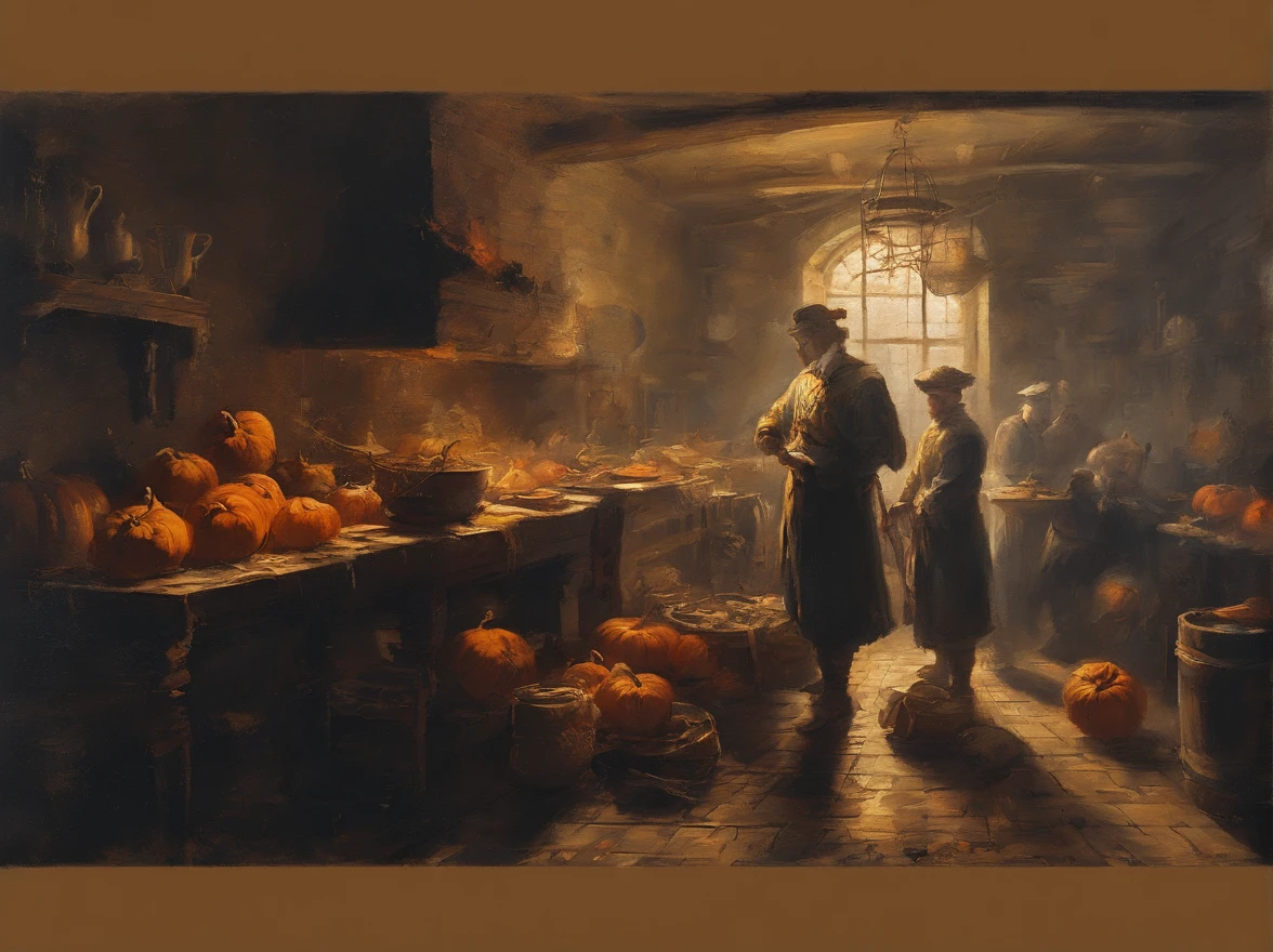 oil painting, heavy brushstrokes, paint drips, A scene of a kitchen with staff preparing pumkins, Baroque, dramatic contrasts between light and dark, emotional intensity, tenebrism, soft edges, oil on canvas, romanticism, baroque, realism, chiaroscuro, Dutch Golden Age, impasto, by Rembrandt van Rijn, by Rembrandt, rich, deep colors, layered image shaded by cells, golden ratio, award winning, professional, highly detailed, intricate, volumetric lighting, gorgeous, masterpiece, sharp focus, depth of field, perfect composition, award winner, artstation, acrylic painting, pixiv fanbox trends, palette knife and brush strokes, 16k hi-res, uhd