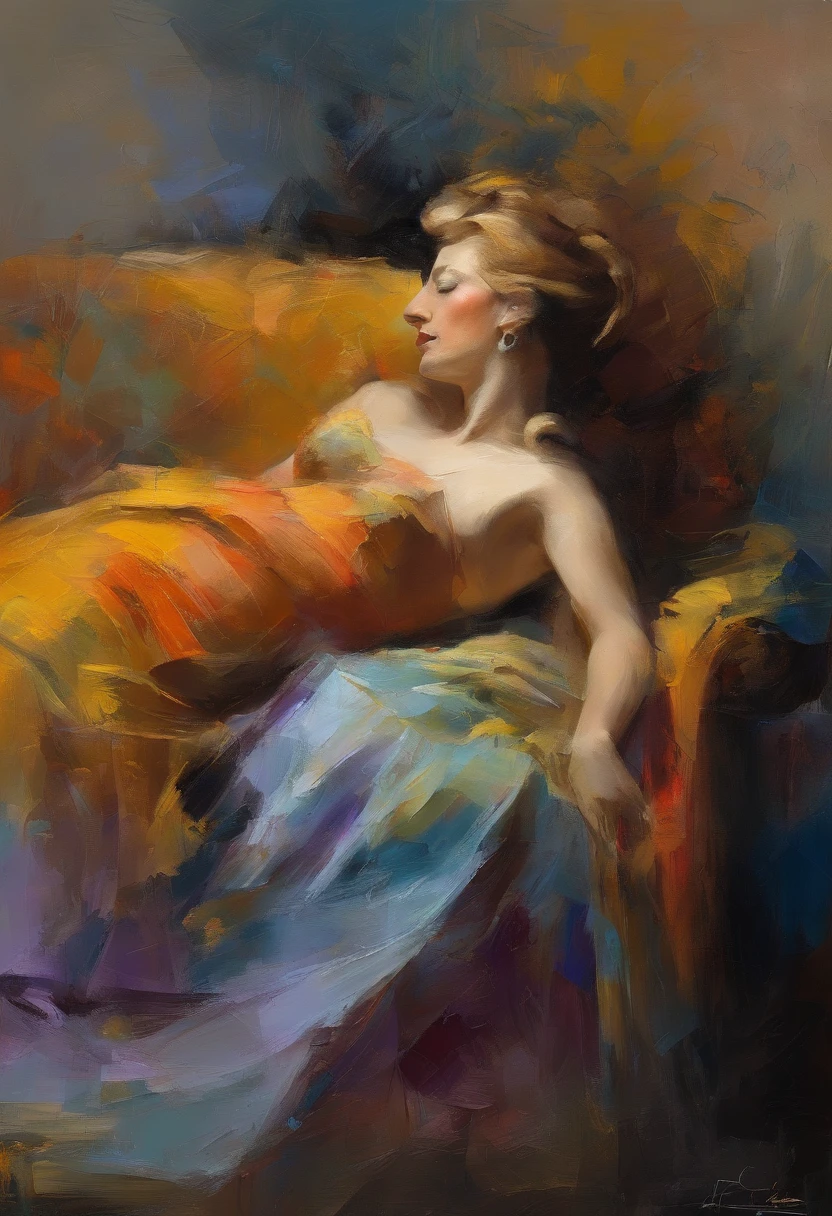 A painting of a woman with her eyes closed, ((golden ratio}} laying on the sofa after a long night on the town, a sensual painting, a Beautiful expressive painting, Wadim Kashin. Ultra photo realism, Louise Ross, digital painting art, Perceptual digital painting, Stylish digital painting, Bonito painting, glossy digital painting, beautiful digital painting, digital art painting, Fine paintings, ((Rod acrylic paint)).