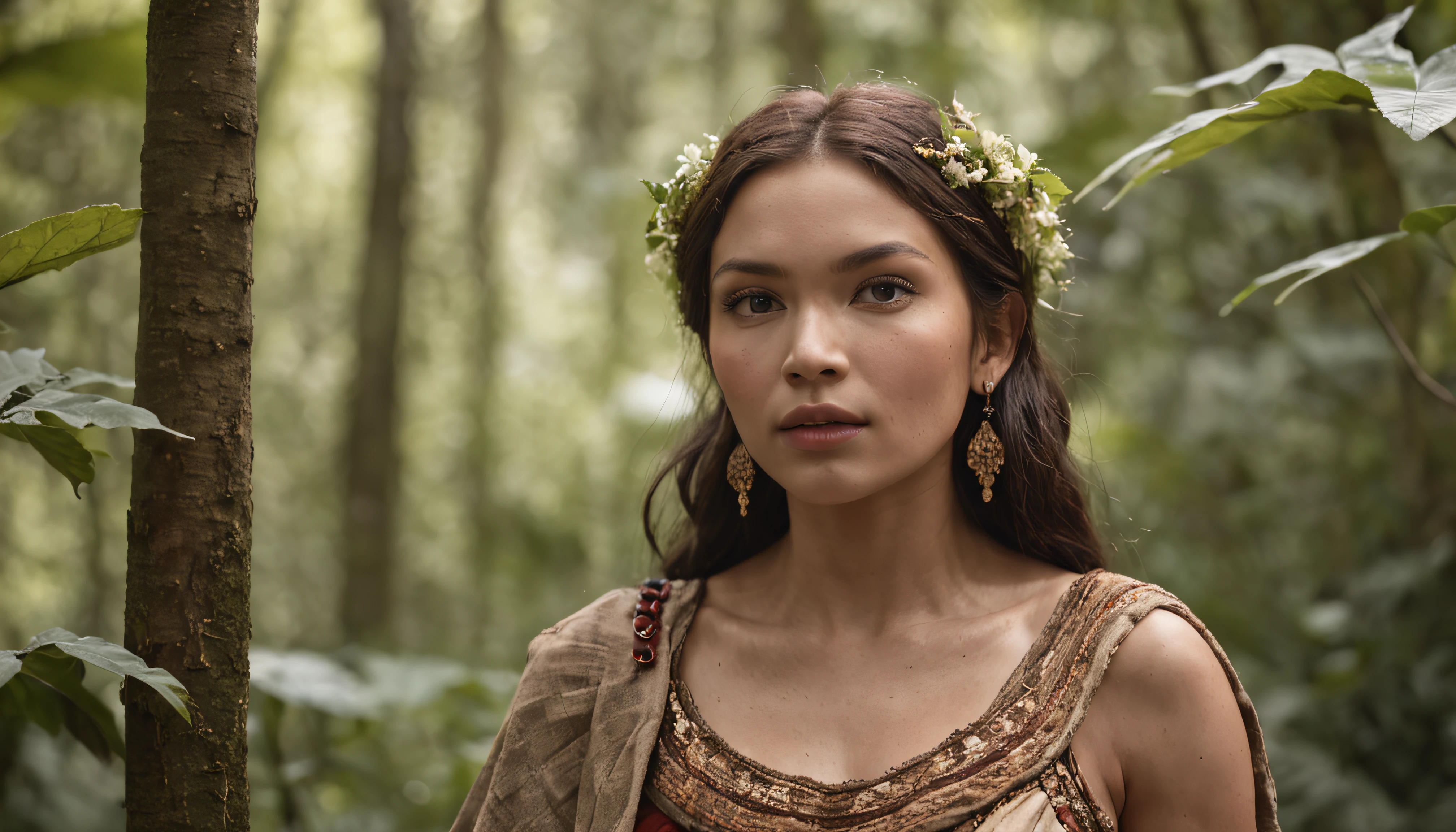 "An afared prehistoric woman wearing a traditional dress, sitting in a lush forest. She has a highly detailed and perfect face. The view is dynamic, with a low-angle perspective and frontal lighting, emphasizing the high level of detail."