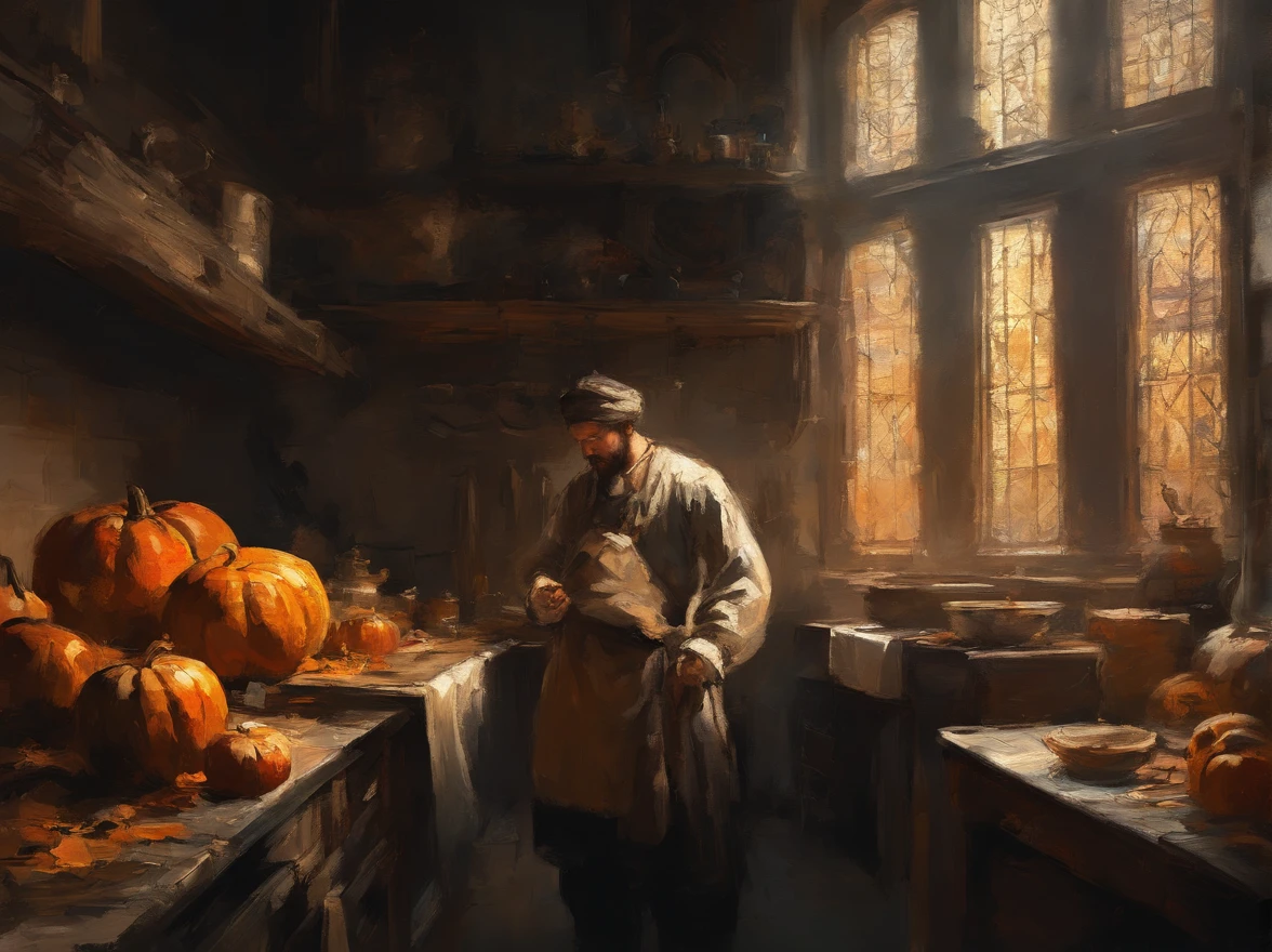 oil painting, heavy brushstrokes, paint drips, A scene of a kitchen with staff preparing pumkins, Baroque, dramatic contrasts between light and dark, emotional intensity, tenebrism, soft edges, oil on canvas, romanticism, baroque, realism, chiaroscuro, Dutch Golden Age, impasto, by Rembrandt van Rijn, by Rembrandt, rich, deep colors, layered image shaded by cells, golden ratio, award winning, professional, highly detailed, intricate, volumetric lighting, gorgeous, masterpiece, sharp focus, depth of field, perfect composition, award winner, artstation, acrylic painting, pixiv fanbox trends, palette knife and brush strokes, 16k hi-res, uhd