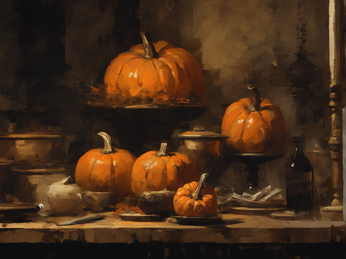 oil painting, heavy brushstrokes, paint drips, A scene of a kitchen with staff preparing pumkins, Baroque, dramatic contrasts between light and dark, emotional intensity, tenebrism, soft edges, oil on canvas, romanticism, baroque, realism, chiaroscuro, Dutch Golden Age, impasto, by Rembrandt van Rijn, by Rembrandt, rich, deep colors, layered image shaded by cells, golden ratio, award winning, professional, highly detailed, intricate, volumetric lighting, gorgeous, masterpiece, sharp focus, depth of field, perfect composition, award winner, artstation, acrylic painting, pixiv fanbox trends, palette knife and brush strokes, 16k hi-res, uhd