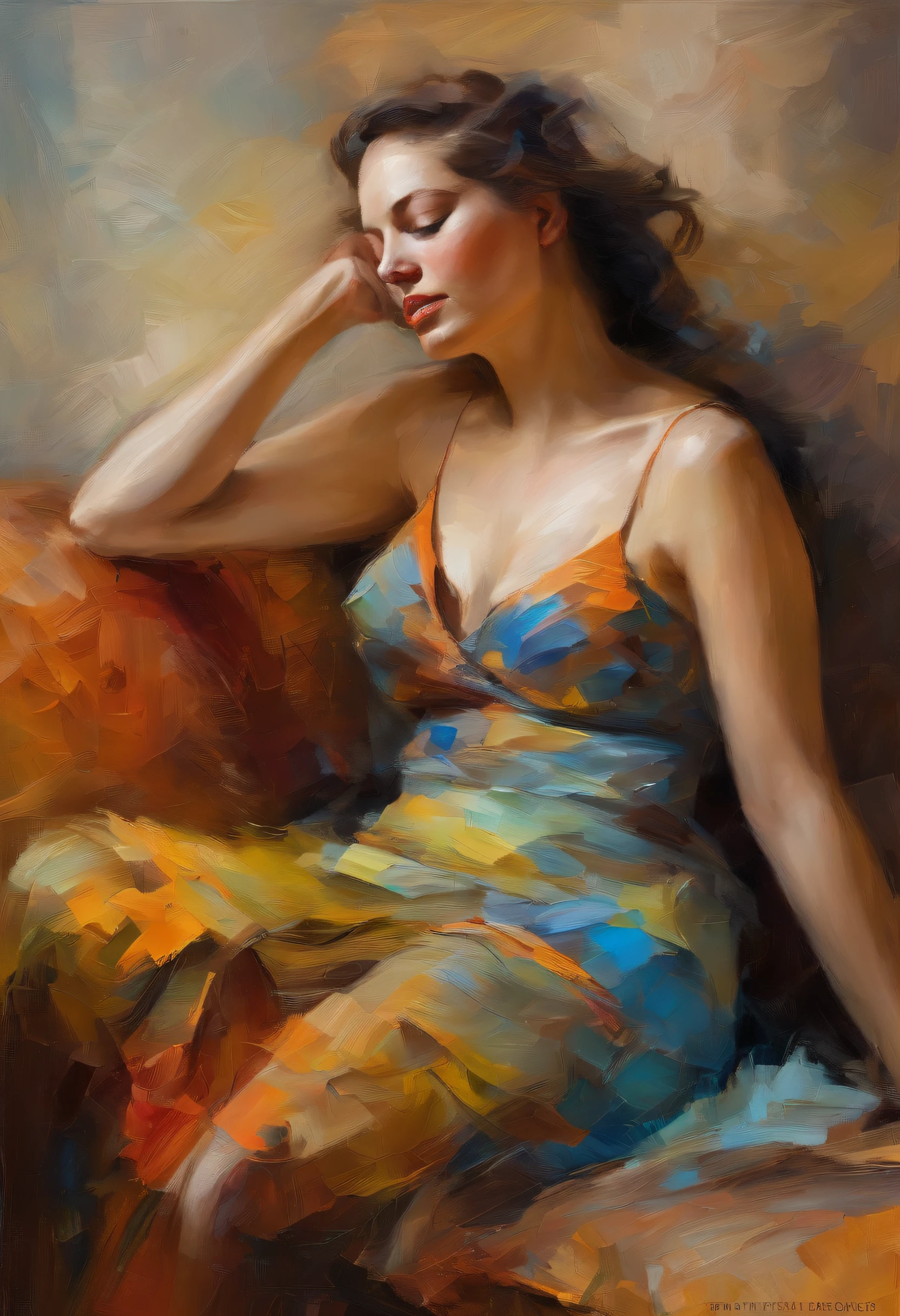 A painting of a woman with her eyes closed, ((golden ratio}} laying on the sofa after a long night on the town, a sensual painting, a Beautiful expressive painting, Wadim Kashin. Ultra photo realism, Louise Ross, digital painting art, Perceptual digital painting, Stylish digital painting, Bonito painting, glossy digital painting, beautiful digital painting, digital art painting, Fine paintings, ((Rod acrylic paint)).