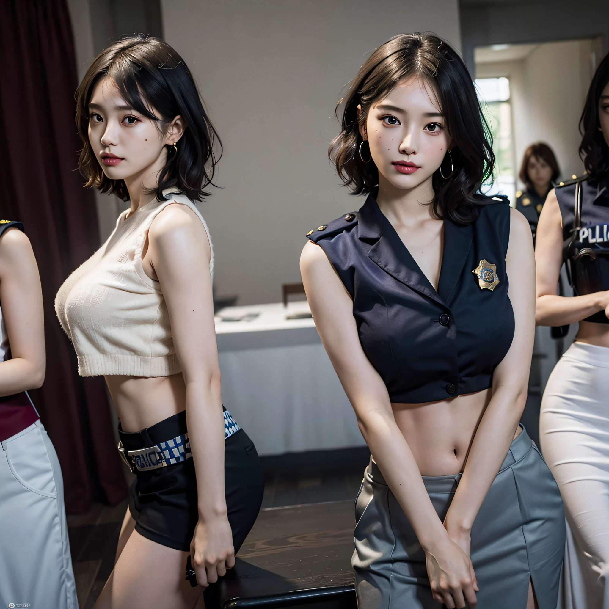 absurdres, RAW photo, extremely delicate and beautiful, masterpiece, Best Quality, ultra high resolution, 16k, hyperrealistic, ultra-detailed, Very detailed CG 8k wallpaper, Beautiful Lighting, Perfect Lightning, Realistic Shadows, perfect anatomy, super Detailed skin, perfect figure, Japanese woman, late 20s, very Slim body, narrow waist, very small head, handsome detailed woman, very detailed eyes and face, realistic face proportions, Stunning detailed eyes, Realistic beautiful face, very small face, Realistic small beautiful eyes, double eyelids, makeup, tearful mole, mole on chest, earring, bare legs, beautiful and very thin legs, beautiful and very thin thighs, (((very huge round breasts))), (((full body shot))), (((((short hair))))), (((wavy hair))), (((((police_uniform))))), (((midriff peek))), (((sleeveless))), (((((2 girls))))), (crowd),