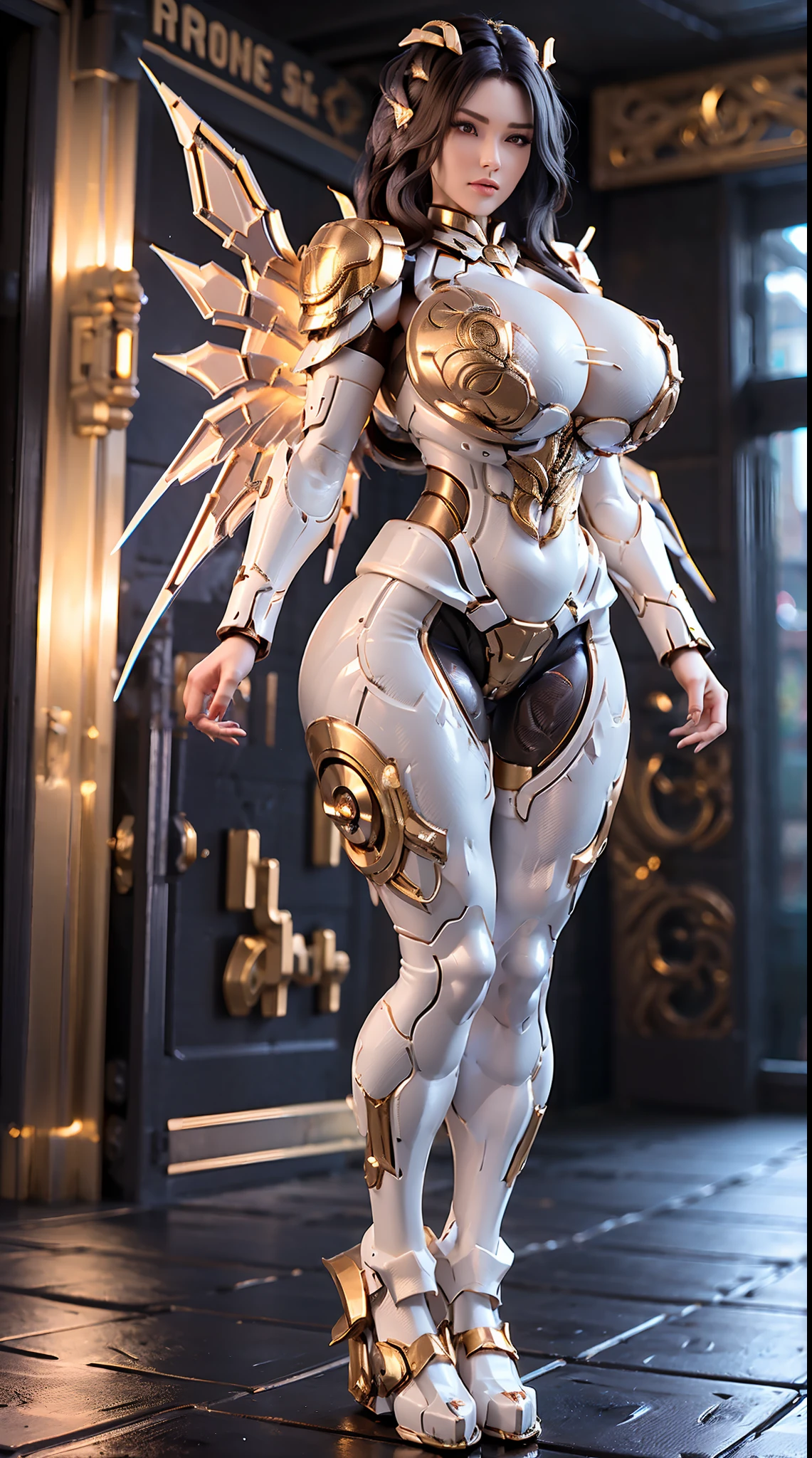 HUGE FAKE BOOBS, (BEAUTIFUL), (GOLD, WHITE), (BLACK HAIR), DRAGON SCALE ARMORED GEAR, FUTURISTIC MECHA SUIT, (CLEAVAGE), ((LARGEST MECHANICAL GODDESS WINGS)), (SKINTIGHT YOGA PANTS), (TALL LEGS), FRONT, (STANDING), SLENDER SEXY BODY, MUSCLE ABS, UHD, 8K, 1080P.