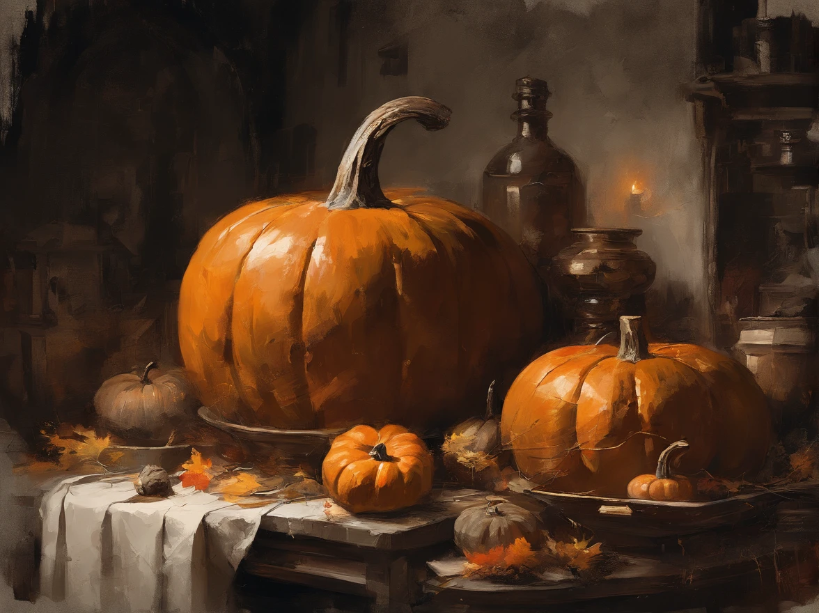 oil painting, heavy brushstrokes, paint drips, A scene of a kitchen with staff preparing pumpkins, Jack o lanterns for Halloween party, Baroque, dramatic contrasts between light and dark, emotional intensity, tenebrism, soft edges, oil on canvas, romanticism, baroque, realism, chiaroscuro, Dutch Golden Age, impasto, by Rembrandt van Rijn, by Rembrandt, rich, deep colors, layered image shaded by cells, golden ratio, award winning, professional, highly detailed, intricate, volumetric lighting, gorgeous, masterpiece, sharp focus, depth of field, perfect composition, award winner, artstation, acrylic painting, pixiv fanbox trends, palette knife and brush strokes, 16k hi-res, uhd