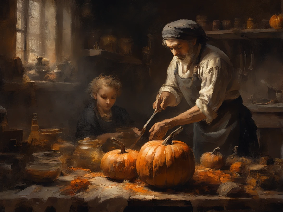 oil painting, heavy brushstrokes, paint drips, A scene of a kitchen with staff preparing pumpkins, Jack o lanterns for Halloween party, Baroque, dramatic contrasts between light and dark, emotional intensity, tenebrism, soft edges, oil on canvas, romanticism, baroque, realism, chiaroscuro, Dutch Golden Age, impasto, by Rembrandt van Rijn, by Rembrandt, rich, deep colors, layered image shaded by cells, golden ratio, award winning, professional, highly detailed, intricate, volumetric lighting, gorgeous, masterpiece, sharp focus, depth of field, perfect composition, award winner, artstation, acrylic painting, pixiv fanbox trends, palette knife and brush strokes, 16k hi-res, uhd