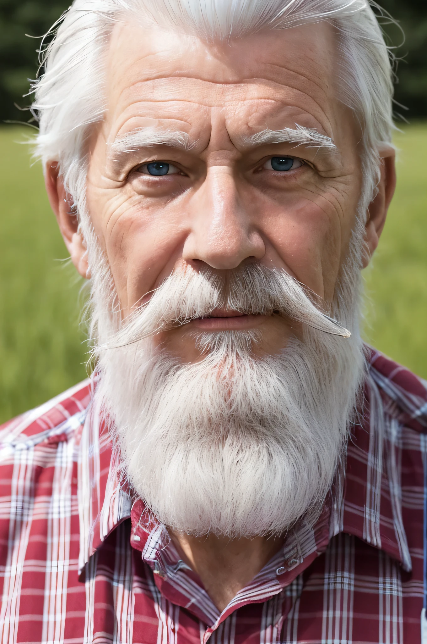 a man, 80 years old, white hair, white beard, standing looking at you, blue eyes, background a field of ears, red checked shirt