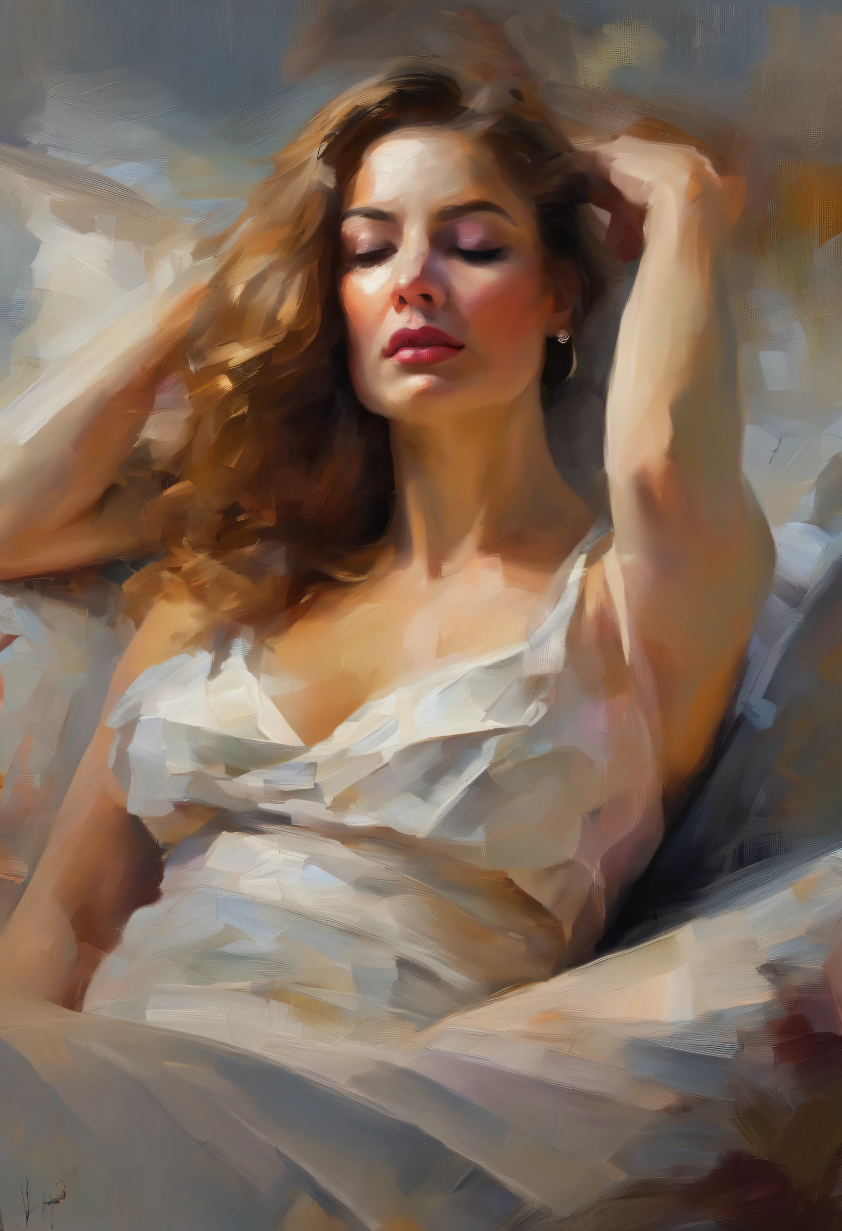 A painting of a woman with her eyes closed, ((golden ratio}} laying on the sofa after a long night on the town, a sensual painting, a Beautiful expressive painting, Wadim Kashin. Ultra photo realism, Louise Ross, digital painting art, Perceptual digital painting, Stylish digital painting, Bonito painting, glossy digital painting, beautiful digital painting, digital art painting, Fine paintings, ((Rod acrylic paint)).