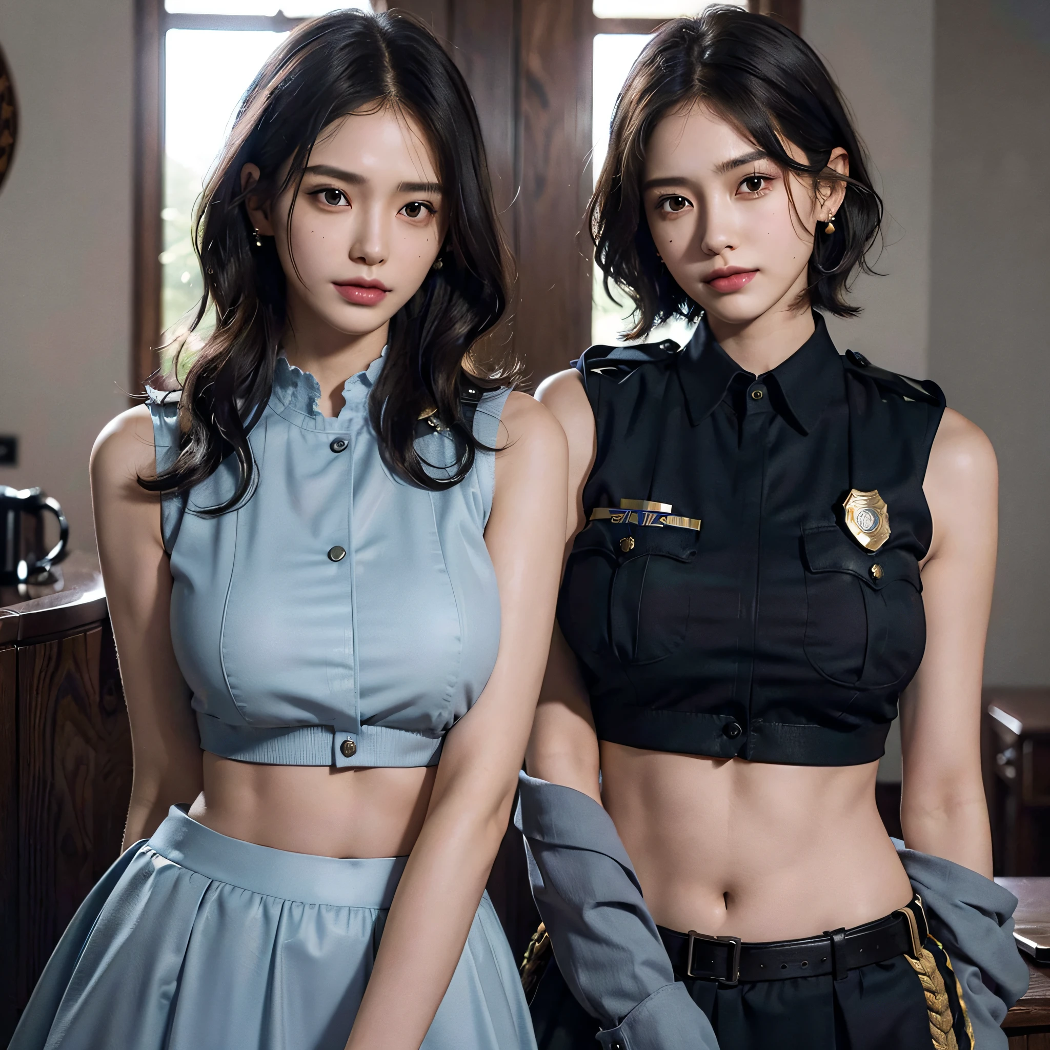 absurdres, RAW photo, extremely delicate and beautiful, masterpiece, Best Quality, ultra high resolution, 16k, hyperrealistic, ultra-detailed, Very detailed CG 8k wallpaper, Beautiful Lighting, Perfect Lightning, Realistic Shadows, perfect anatomy, super Detailed skin, perfect figure, Japanese woman, late 20s, very Slim body, narrow waist, very small head, handsome detailed woman, very detailed eyes and face, realistic face proportions, Stunning detailed eyes, Realistic beautiful face, very small face, Realistic small beautiful eyes, double eyelids, makeup, tearful mole, mole on chest, earring, bare legs, beautiful and very thin legs, beautiful and very thin thighs, (((very huge round breasts))), (((full body shot))), (((((short hair))))), (((wavy hair))), (((((Patrol Officer's Uniform))))), (((midriff peek))), (((sleeveless))), (((((2 girls))))),