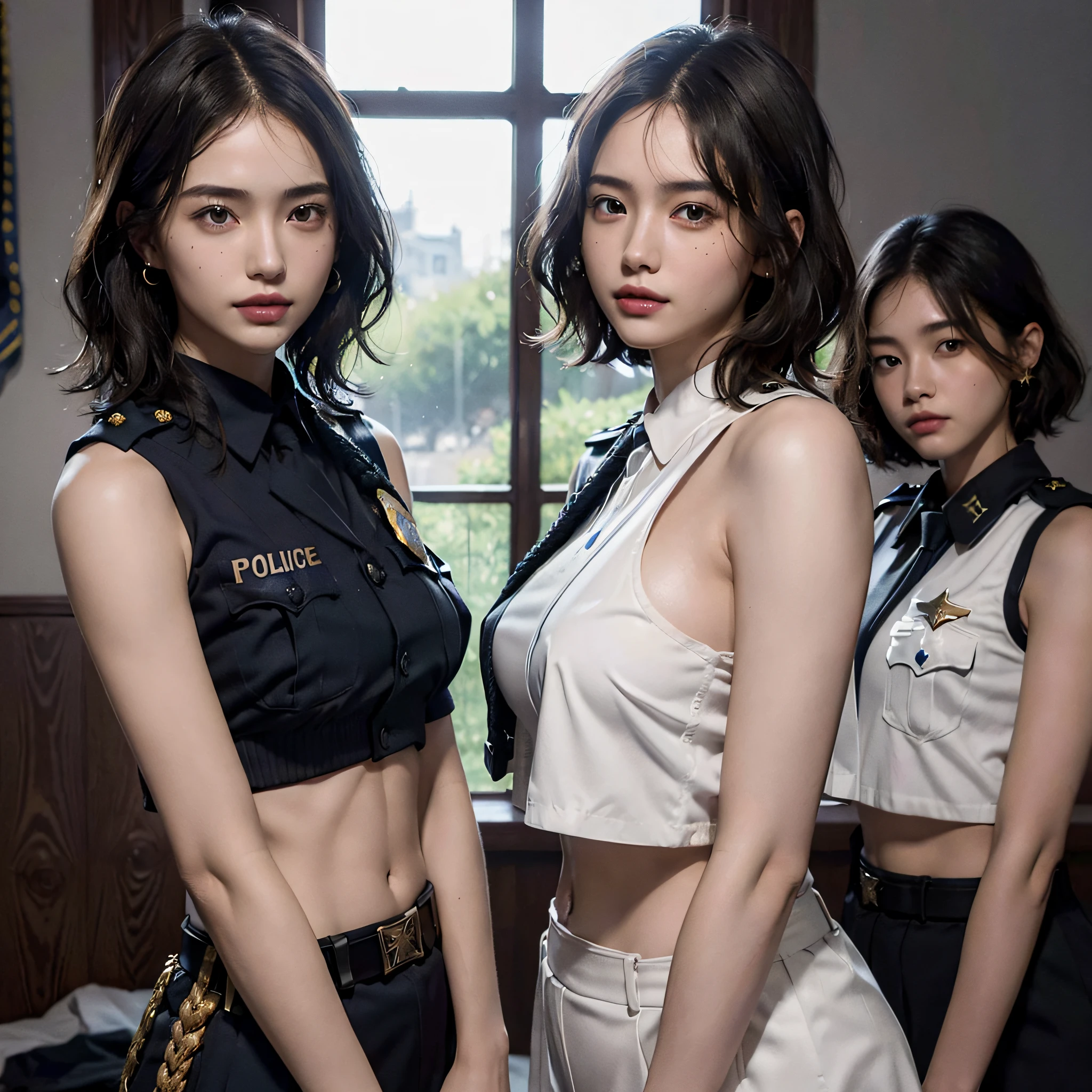 absurdres, RAW photo, extremely delicate and beautiful, masterpiece, Best Quality, ultra high resolution, 16k, hyperrealistic, ultra-detailed, Very detailed CG 8k wallpaper, Beautiful Lighting, Perfect Lightning, Realistic Shadows, perfect anatomy, super Detailed skin, perfect figure, Japanese woman, late 20s, very Slim body, narrow waist, very small head, handsome detailed woman, very detailed eyes and face, realistic face proportions, Stunning detailed eyes, Realistic beautiful face, very small face, Realistic small beautiful eyes, double eyelids, makeup, tearful mole, mole on chest, earring, bare legs, beautiful and very thin legs, beautiful and very thin thighs, (((very huge round breasts))), (((full body shot))), (((((short hair))))), (((wavy hair))), (((((Patrol Officer's Uniform))))), (((midriff peek))), (((sleeveless))), (((((2 girls))))),