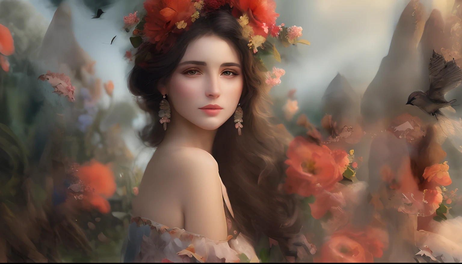 Beautiful woman in flowering garden with birds, montanhas ao fundo.