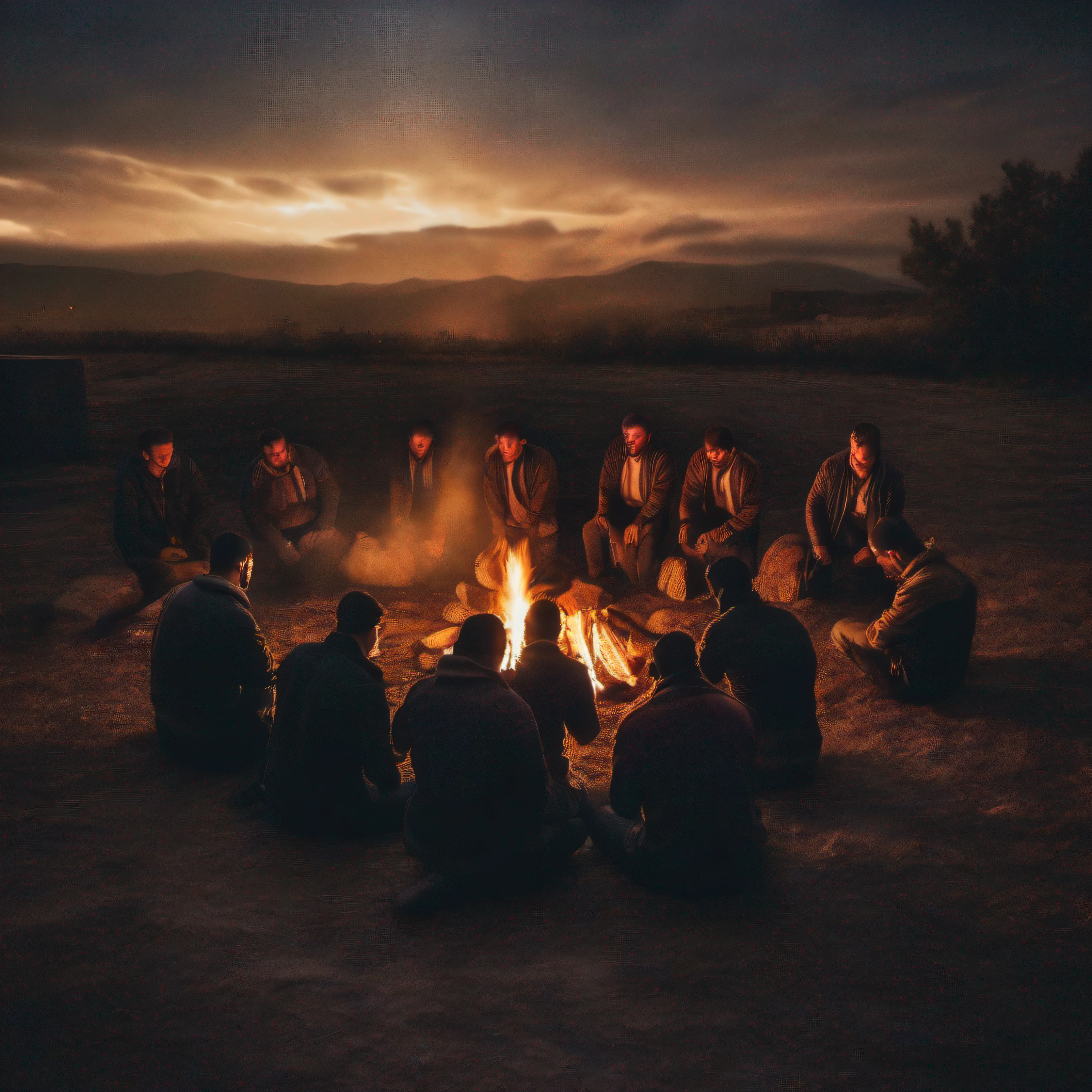 A realistic photo of a group of men on their backs praying, kneeling around a bonfire at night, with their hands up. The background should be black.