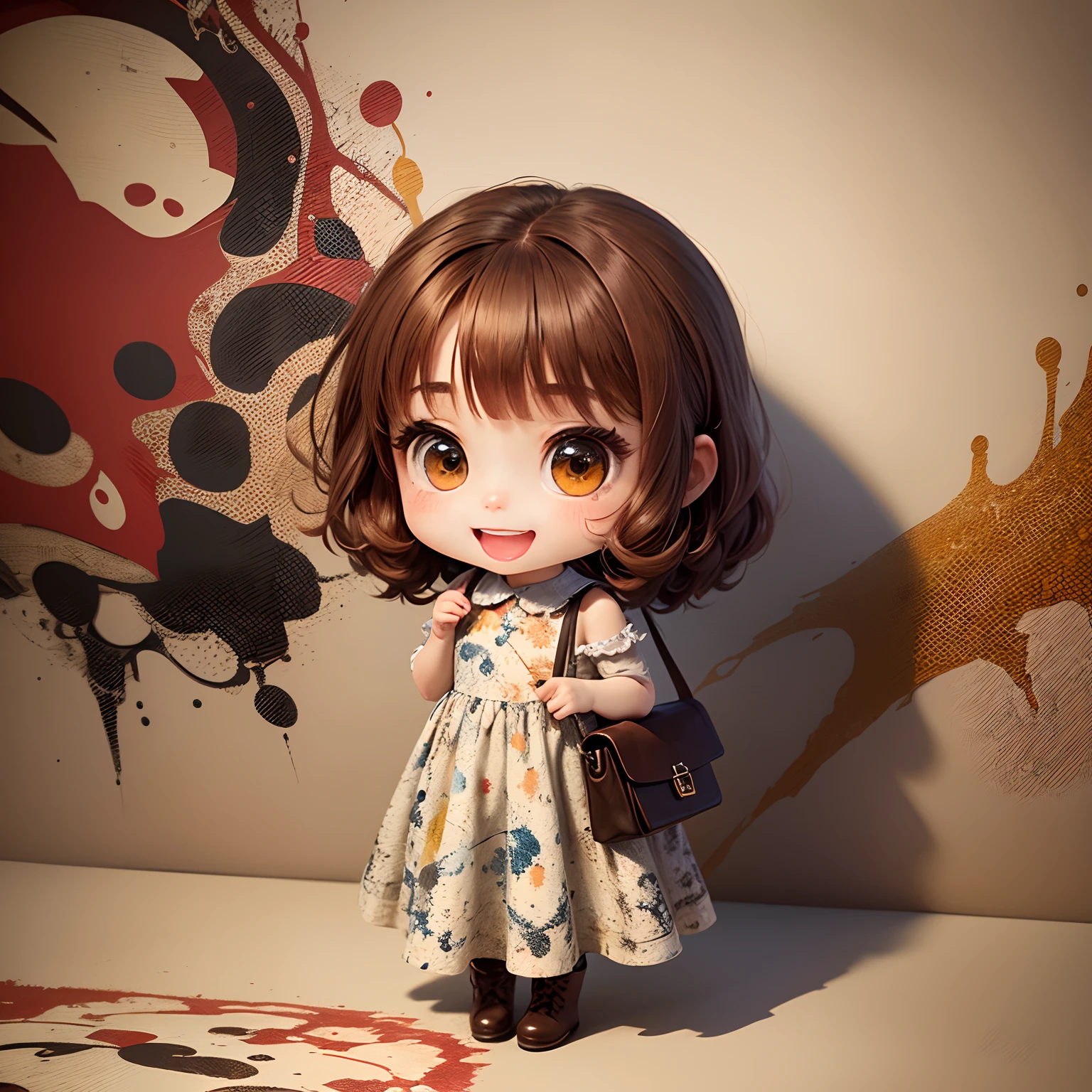 masterpiece、top-quality、ultra-detailliert、(Chibi Chara's Daughter:1.2)、Reddish brown sauvage hair, (Jackson Pollock long dress :1.3),Beige braided short boots、Open your mouth and smile、Brown shoulder bag、The background is brown argyle pattern wallpaper