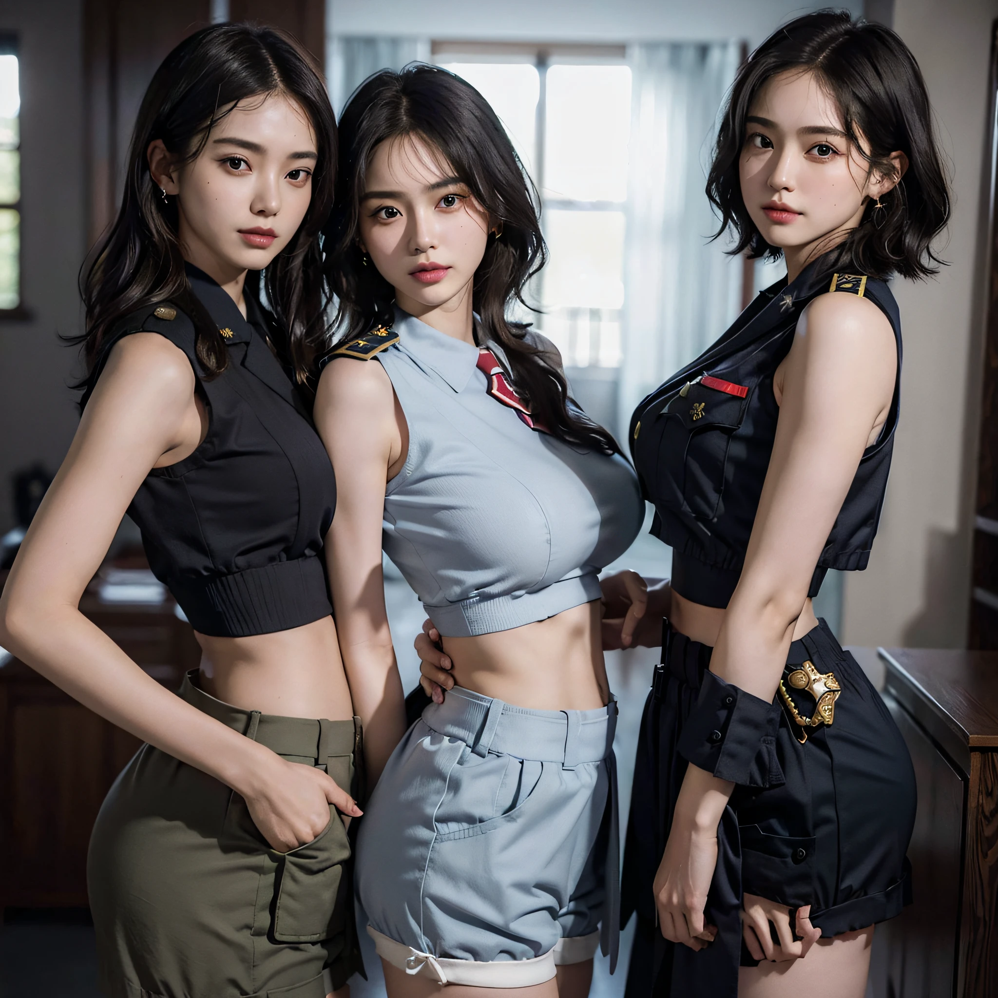 absurdres, RAW photo, extremely delicate and beautiful, masterpiece, Best Quality, ultra high resolution, 16k, hyperrealistic, ultra-detailed, Very detailed CG 8k wallpaper, Beautiful Lighting, Perfect Lightning, Realistic Shadows, perfect anatomy, super Detailed skin, perfect figure, Japanese woman, late 20s, very Slim body, narrow waist, very small head, handsome detailed woman, very detailed eyes and face, realistic face proportions, Stunning detailed eyes, Realistic beautiful face, very small face, Realistic small beautiful eyes, double eyelids, makeup, tearful mole, mole on chest, earring, bare legs, beautiful and very thin legs, beautiful and very thin thighs, (((very huge round breasts))), (((full body shot))), (((((short hair))))), (((wavy hair))), (((((Patrol Officer's Uniform))))), shorts, (((midriff peek))), (((sleeveless))), (((((2 girls))))), (bare arms),