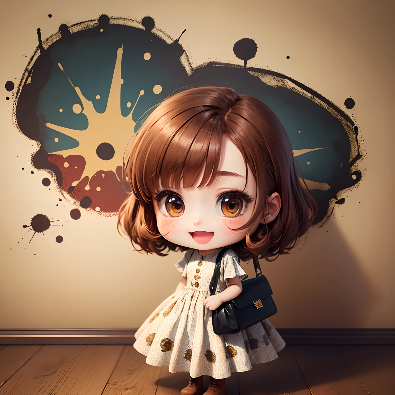 masterpiece、top-quality、ultra-detailliert、(Chibi Chara's Daughter:1.2)、Reddish brown sauvage hair, (Jackson Pollock long dress :1.3),Beige braided short boots、Open your mouth and smile、Brown shoulder bag、The background is brown argyle pattern wallpaper