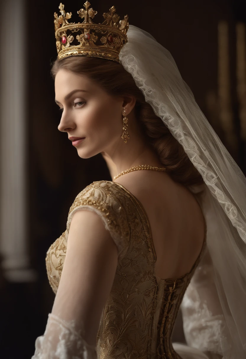 (Best quality,ultra-realistic:1.2),A high resolution,Ultra-detailed,Portrait wife of King Henry VIII,Toile de fond urbaine,Beaux yeux expressif,beautiful detailed lips,espagnole, cheveux sombre, Beautiful and elegant personality,Sumptuous dress outfit as well as the hairstyle of his time that reflects the royal status. religieux, foi catholique. Tenez-vous en confiance, ,Couleurs de peau olives espagnole.Sculpted skin,Joaillerie,colliers croix catholique,Contexte historique,Calm and powerful manners,Dark black and gold color scheme,maquillage naturel,glowing complexion,Ornate crown,Royal and elegant presence,Expression sereine,Improve facial features,Des cheveux de luxe fluides.Face to face the screen. Gaze fixed on the screen., Realstic, 8k, cinematic