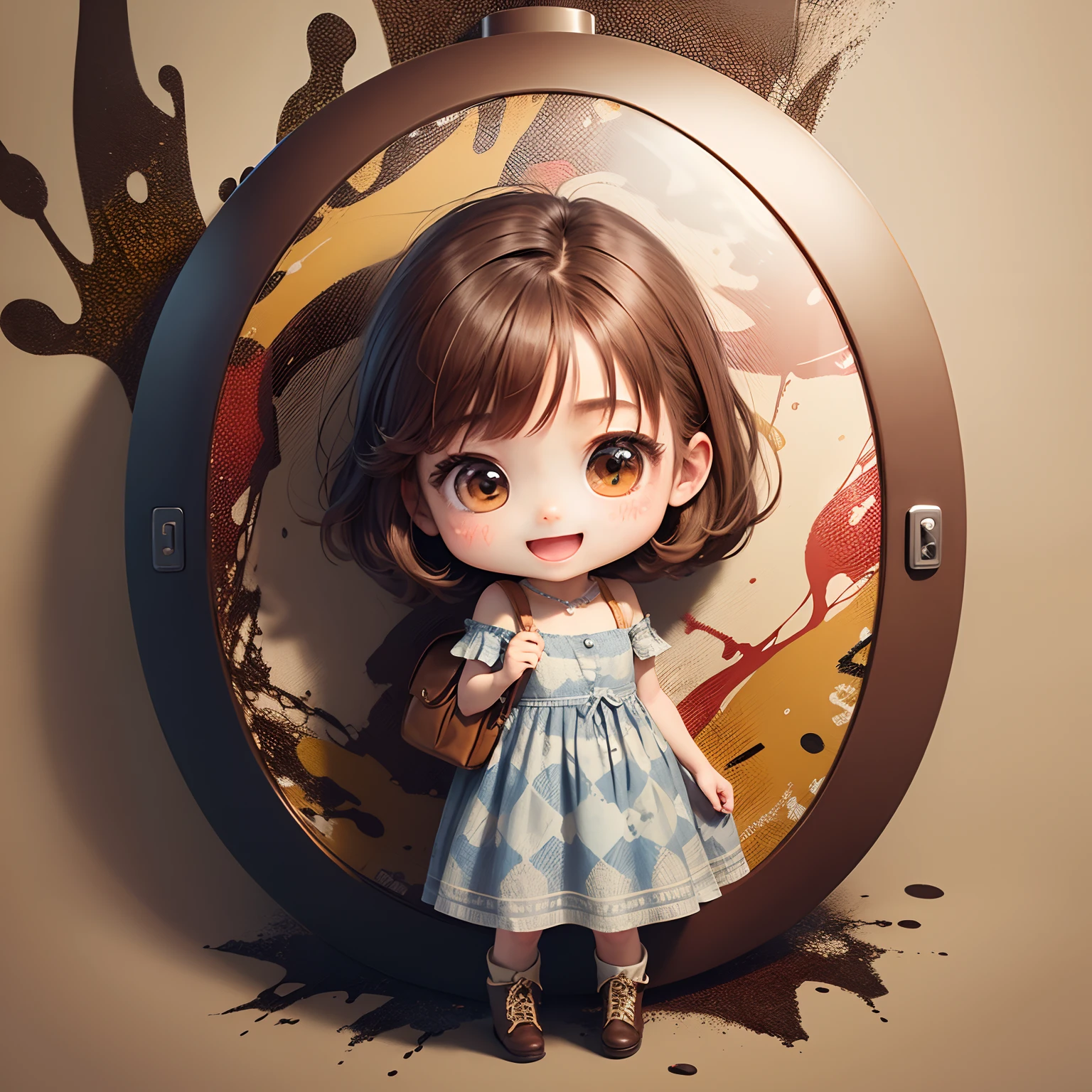 ​masterpiece、top-quality、ultra-detailliert、(Chibi Chara's Daughter:1.2)、Reddish brown Sauvage hair, (Jackson Pollock Long Dress :1.3),Beige knitted short boots、Open your mouth and smile、Brown shoulder bag、The background is wallpaper in brown argyle pattern
