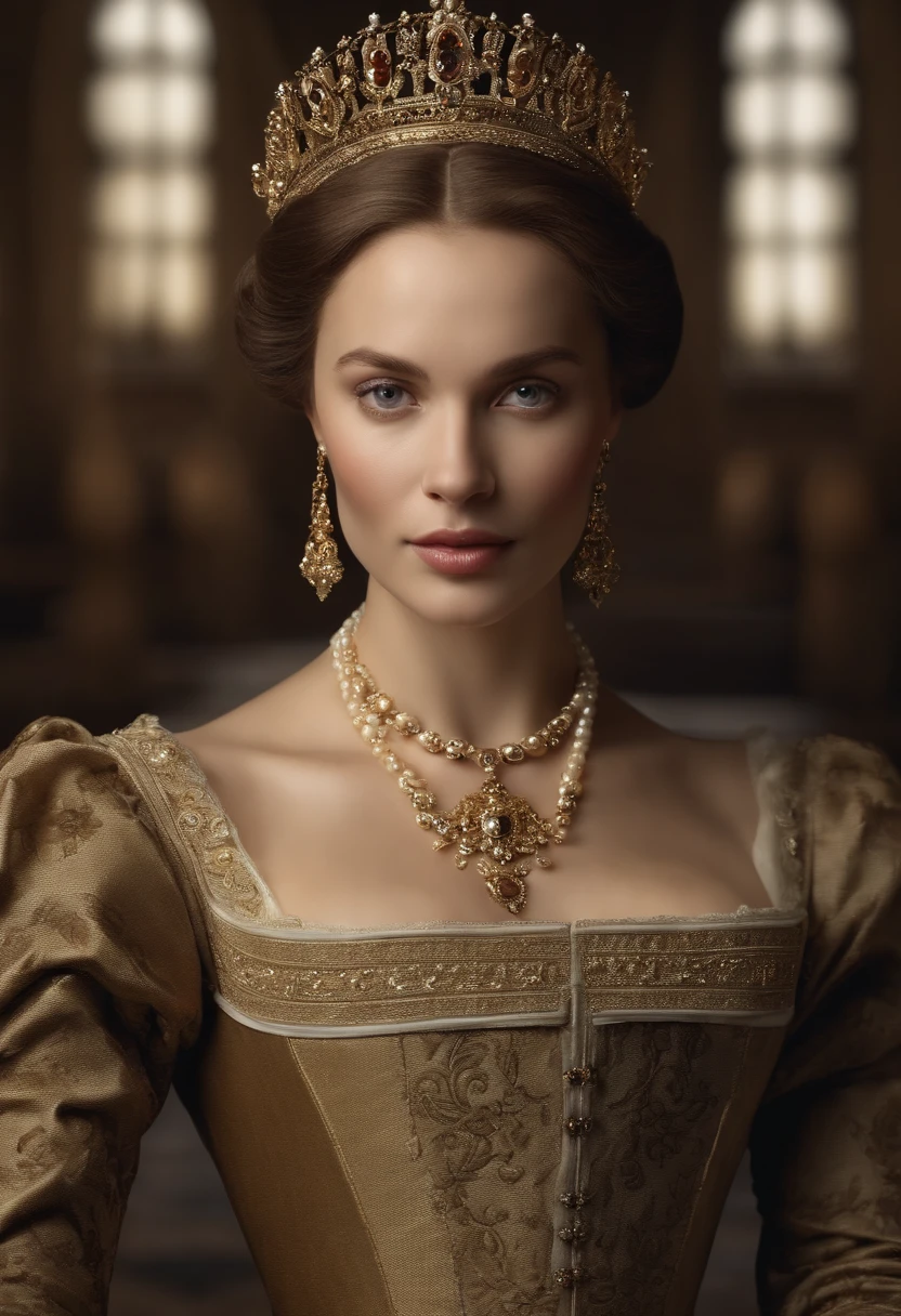 (Best quality,ultra-realistic:1.2),A high resolution,Ultra-detailed,Portrait wife of King Henry VIII,Toile de fond urbaine,Beaux yeux expressif,beautiful detailed lips,espagnole, cheveux sombre, Beautiful and elegant personality,Sumptuous dress outfit as well as the hairstyle of his time that reflects the royal status. religieux, foi catholique. Tenez-vous en confiance, ,Couleurs de peau olives espagnole.Sculpted skin,Joaillerie,colliers croix catholique,Contexte historique,Calm and powerful manners,Dark black and gold color scheme,maquillage naturel,glowing complexion,Ornate crown,Royal and elegant presence,Expression sereine,Improve facial features,Des cheveux de luxe fluides.Face to face the screen. Gaze fixed on the screen., Realstic, 8k, Cinematic face to the screen.