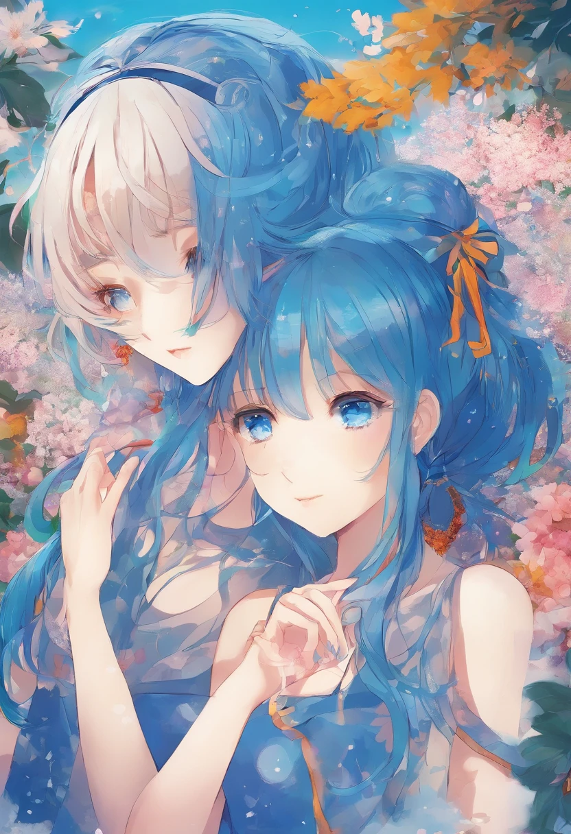 (best quality,realistic), beautiful detailed blue eyes,curt blue hair,two girls,talking,portrait,soft lighting,vibrant colors